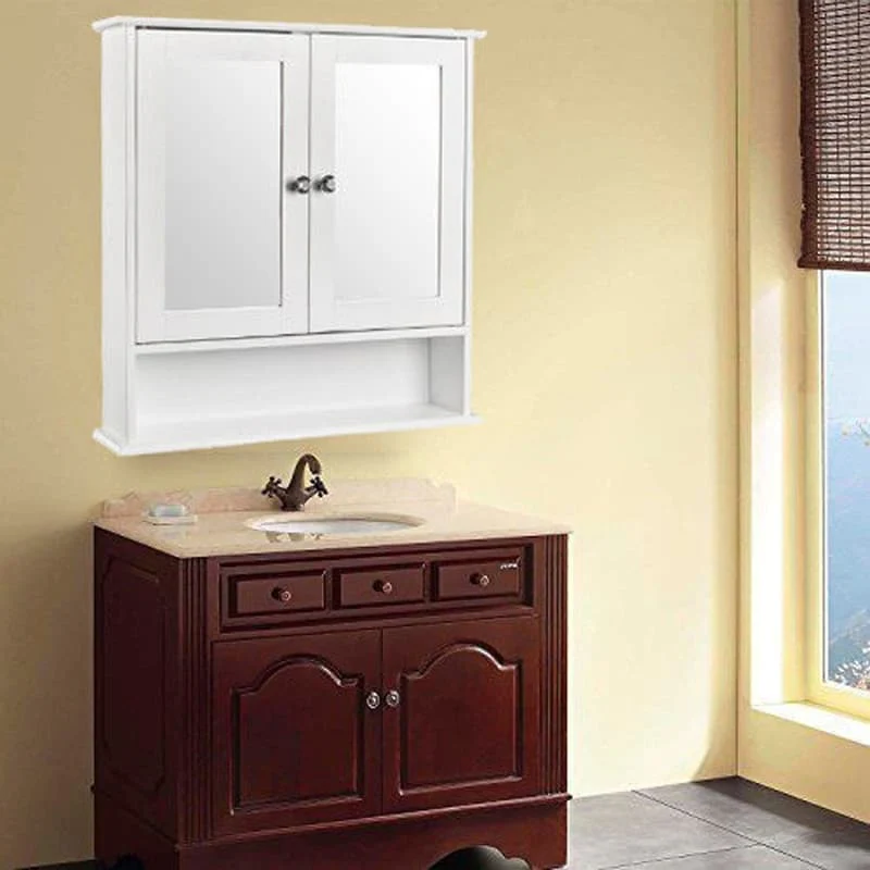 Double Door Mirror Indoor Bathroom Wall Mounted Cabinet Shelf White