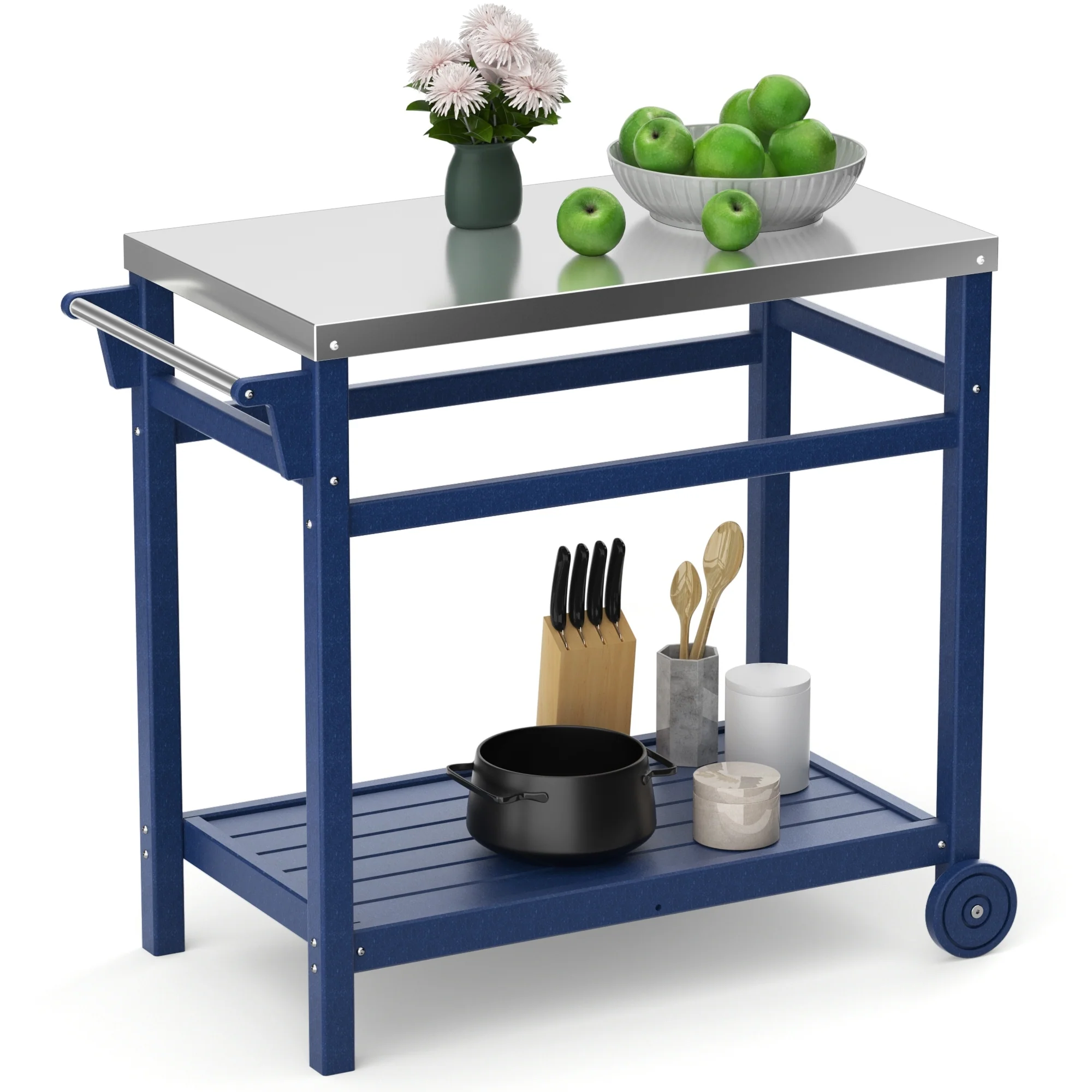 Outdoor Black Steel Movable Dining Cart Table for Patio Grilling