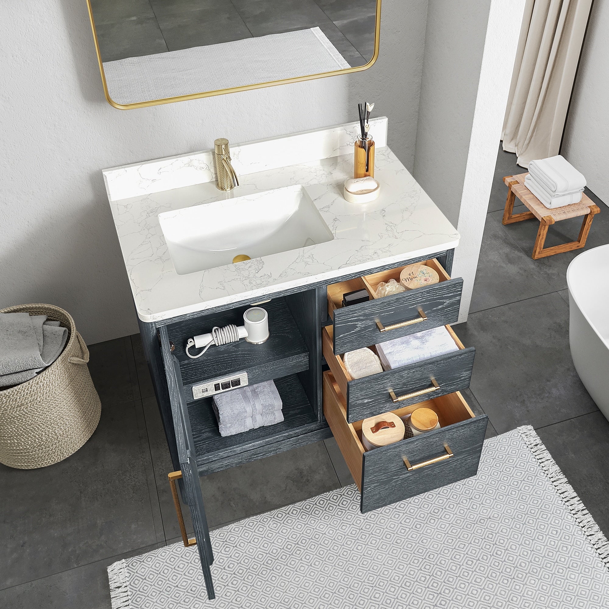 Gara Single Bath Vanity with Composite Stone Top and Mirror