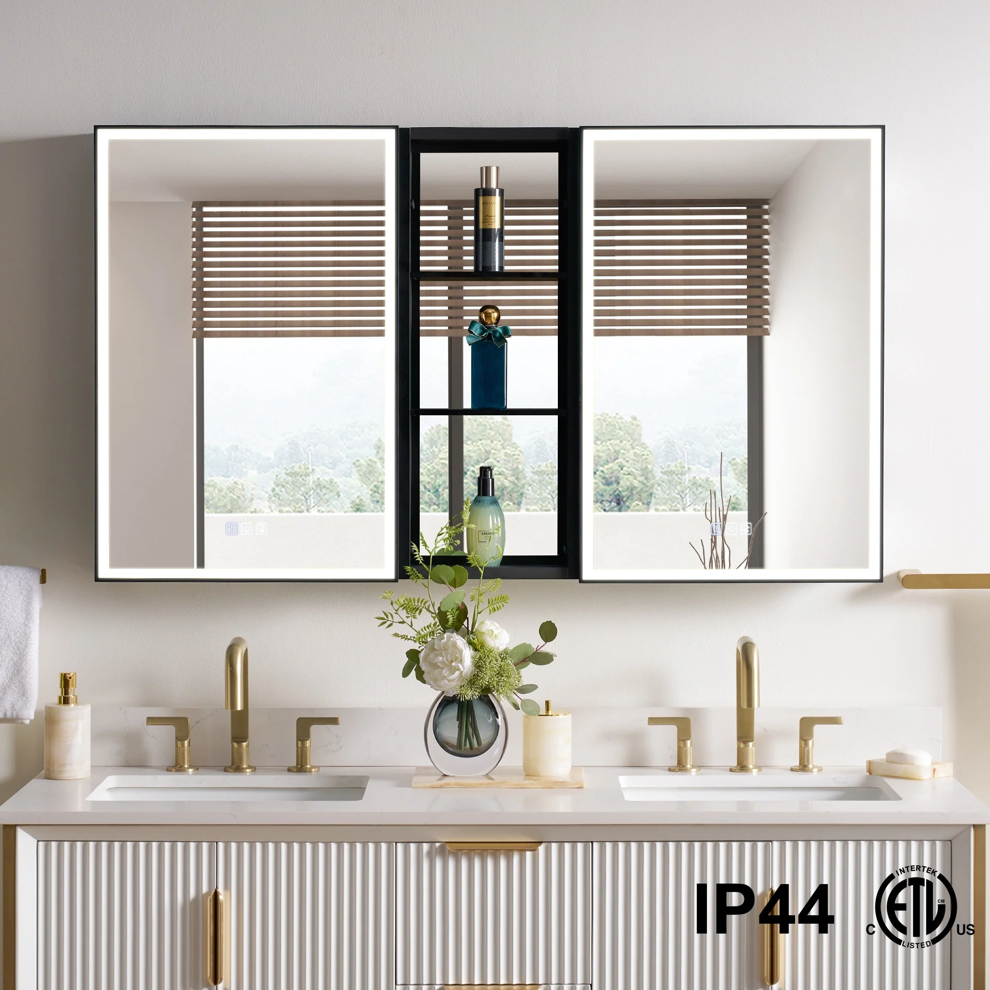 30 in. H Recessed or Surface Wall Mounted LED Mirror Cabinet With Black Side Cabinet