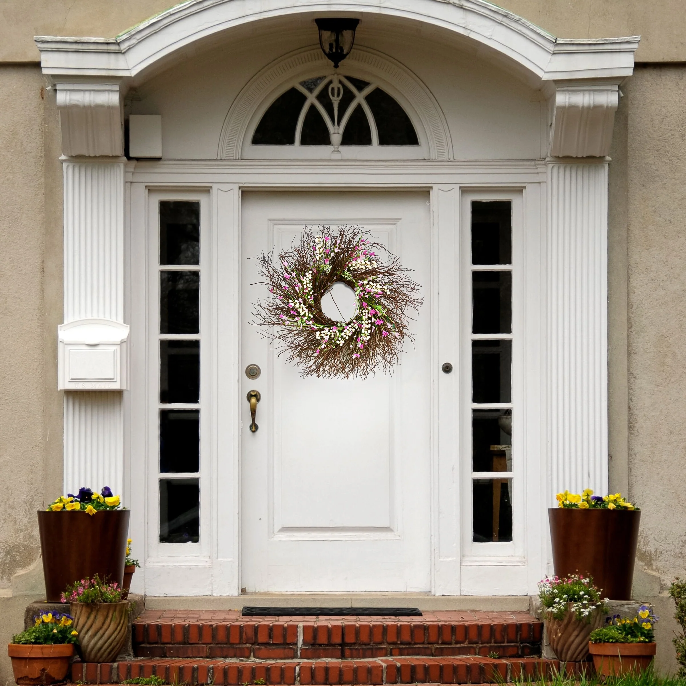 National Tree Company 24 inch Artificial Spring Wreath with Dark Pink and Cream Forsythias, Swirl of Bristle Twigs