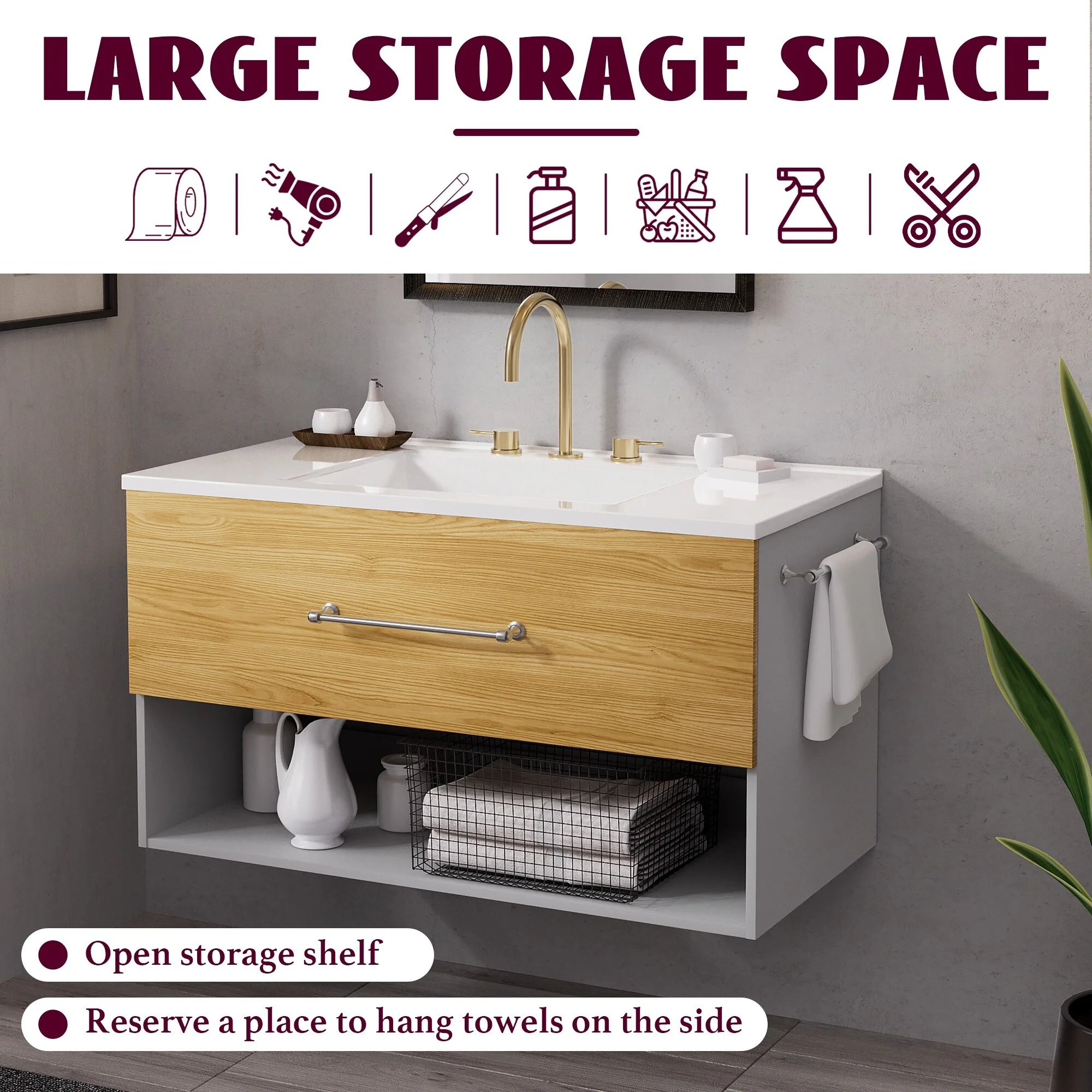 36-Inch Minimalist MDF Bathroom Vanity with Sink – Sleek and Simple Design for Modern Spaces