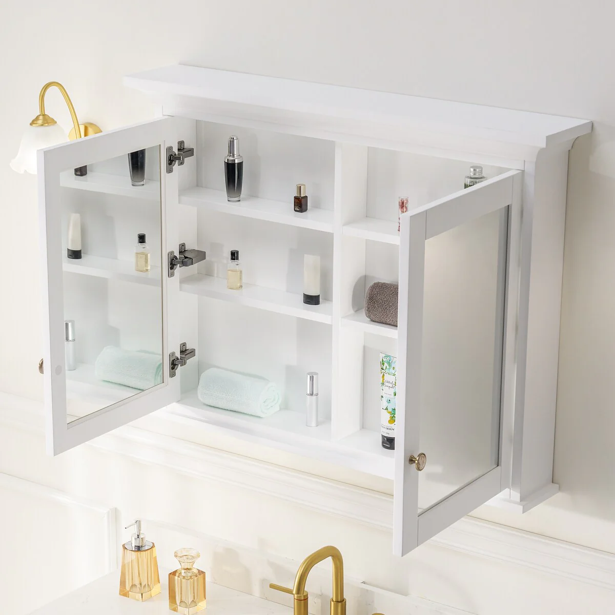 30''H Surface Mount Solid Wood Framed Medicine Cabinet With Mirror And Wooden Shelves