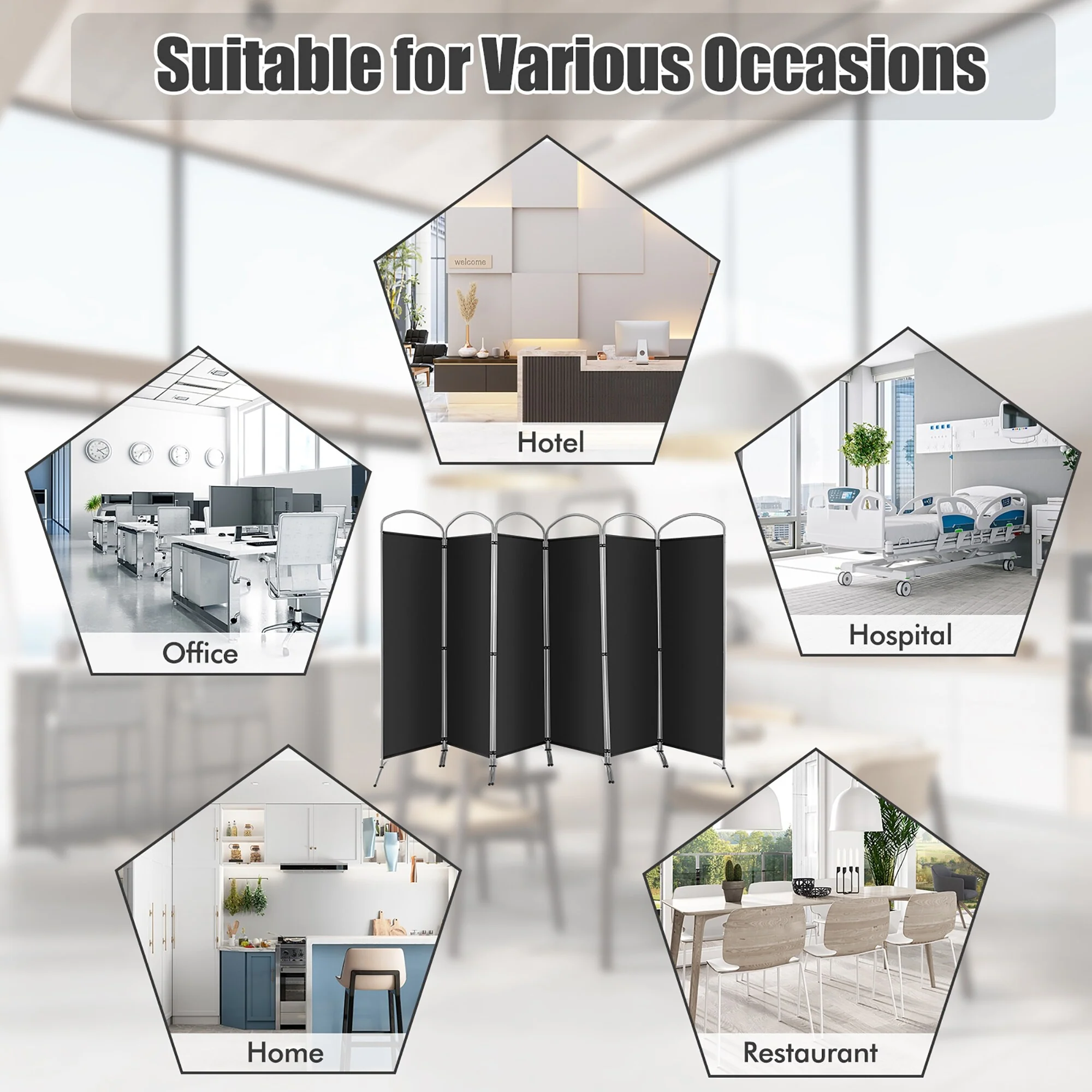 Costway 6 Panels Folding Privacy Screen 6 Ft Tall Fabric Privacy