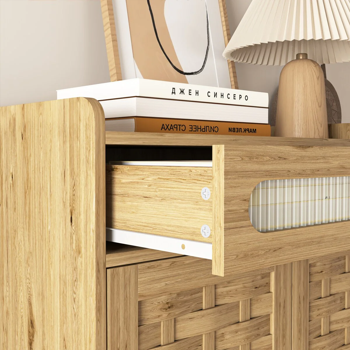 Modern Cabinet with Drawer and Adjustable Shelf, Barn Door Storage Cabinet for Kitchen, Dining Room, Bathroom, Entryway