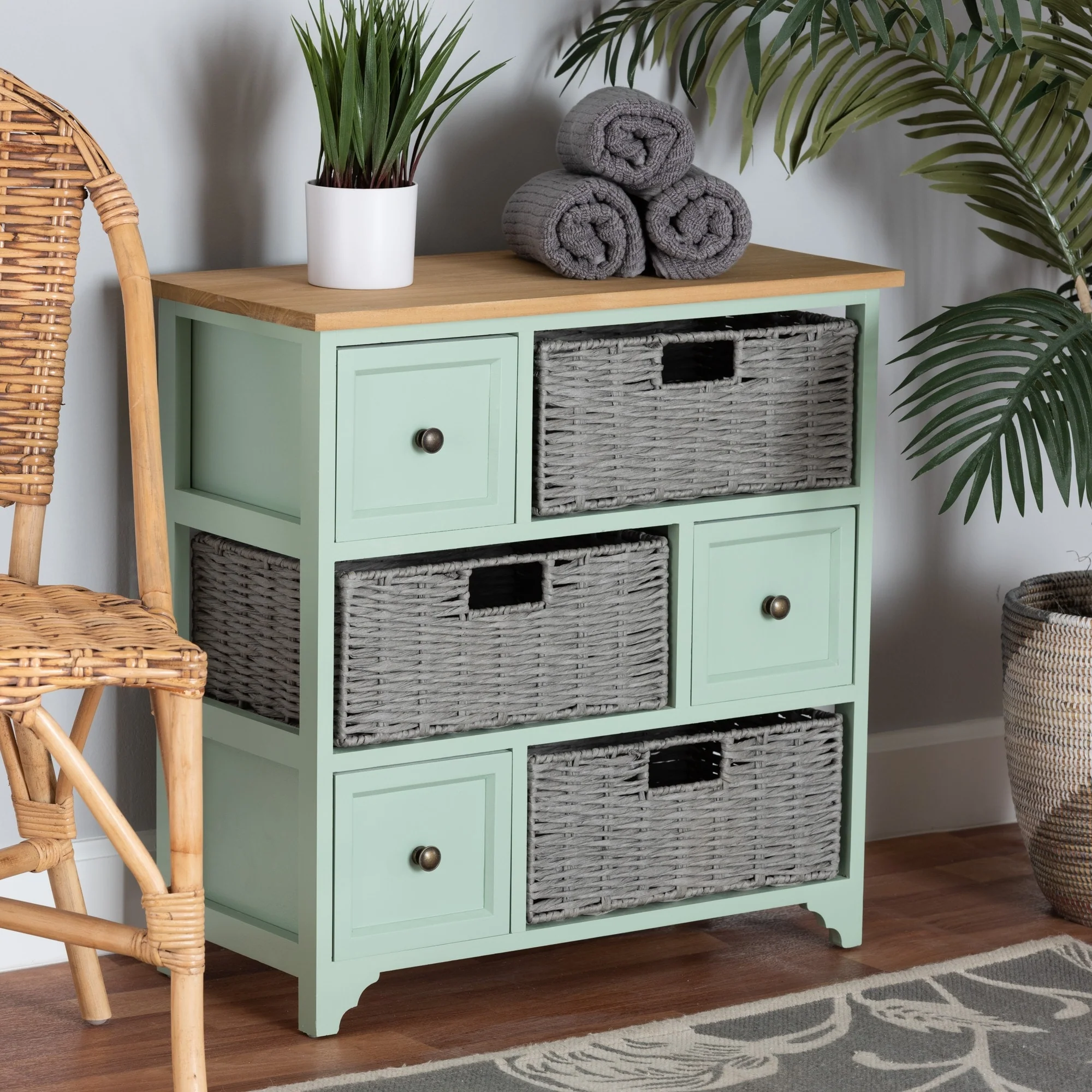 Valtina Modern and Contemporary Two-Tone Oak Brown and Mint Green Finished Wood 3-Drawer Storage Unit with Baskets