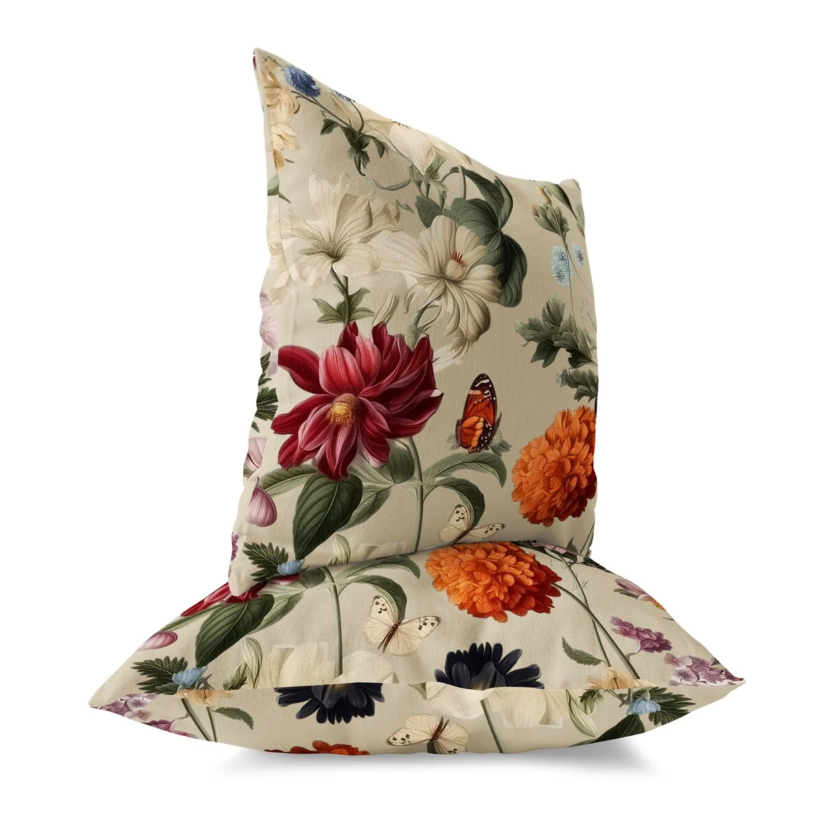 Ivory And Multi Mixed Flower Delight Indoor/Outdoor Throw Pillow Zipper