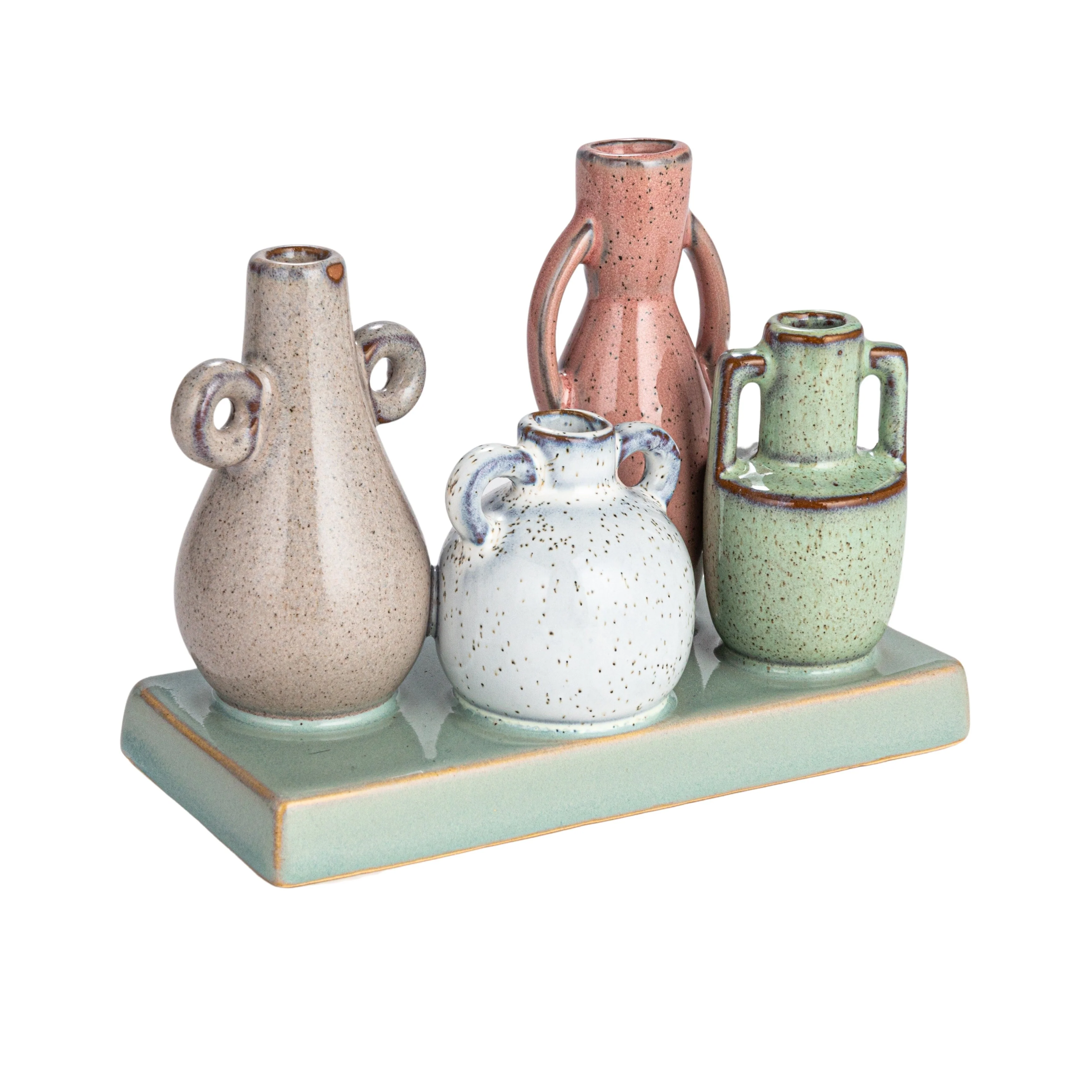 Stoneware Mounted Vases with Reactive Glaze, Set of 4