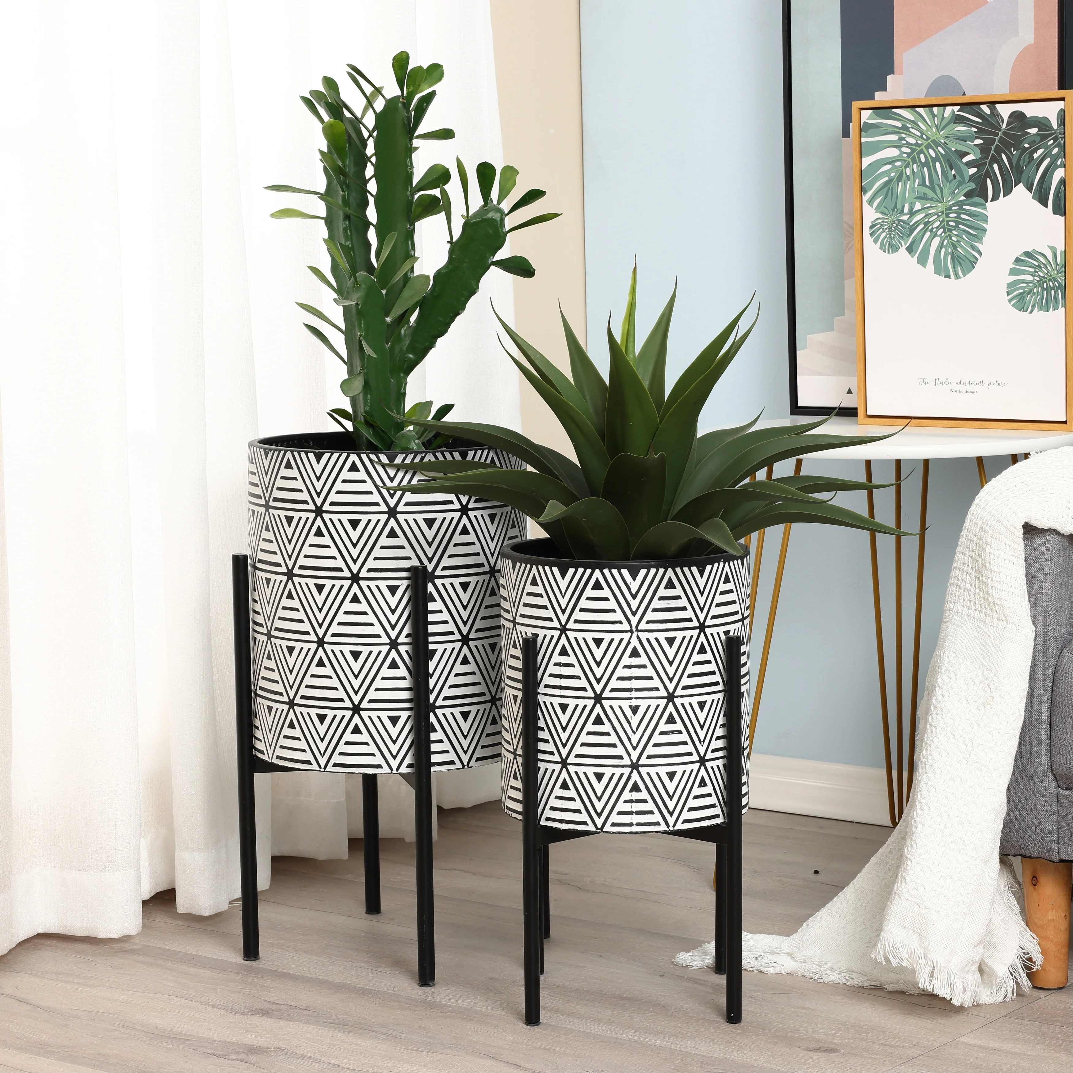 Black and White Metal Cachepot Planters with Black Metal Stands (Set of 2)