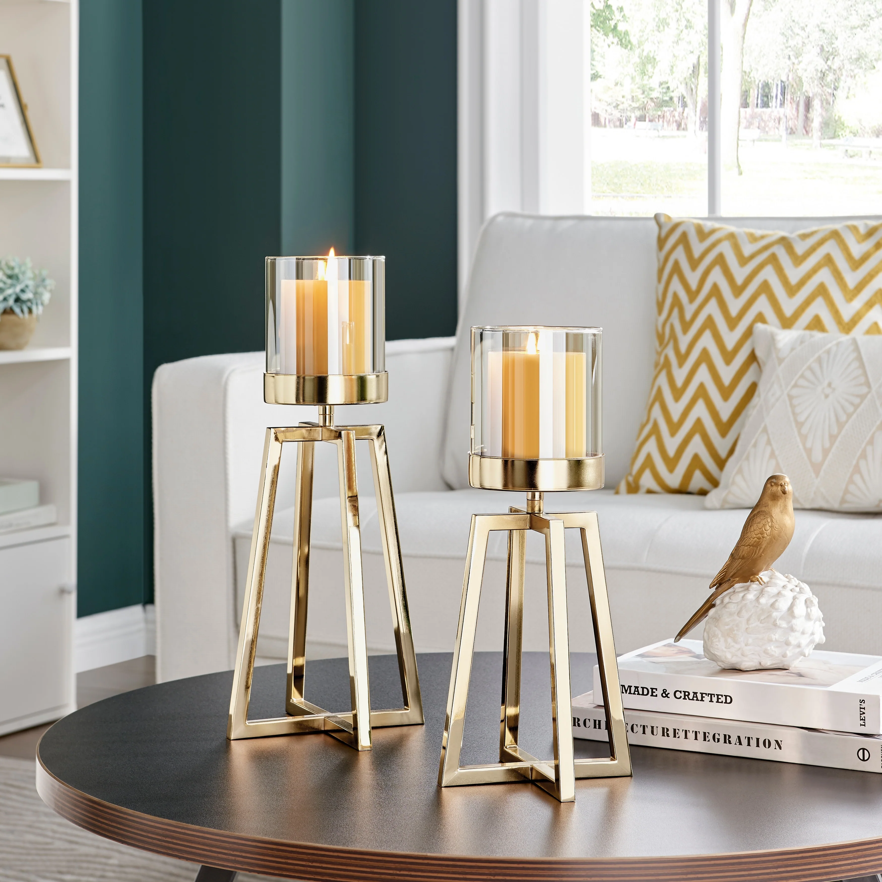 Danya B. Maeve Tinted Glass Warm Gold Pedestal Hurricane Candle Holders - Set of 2