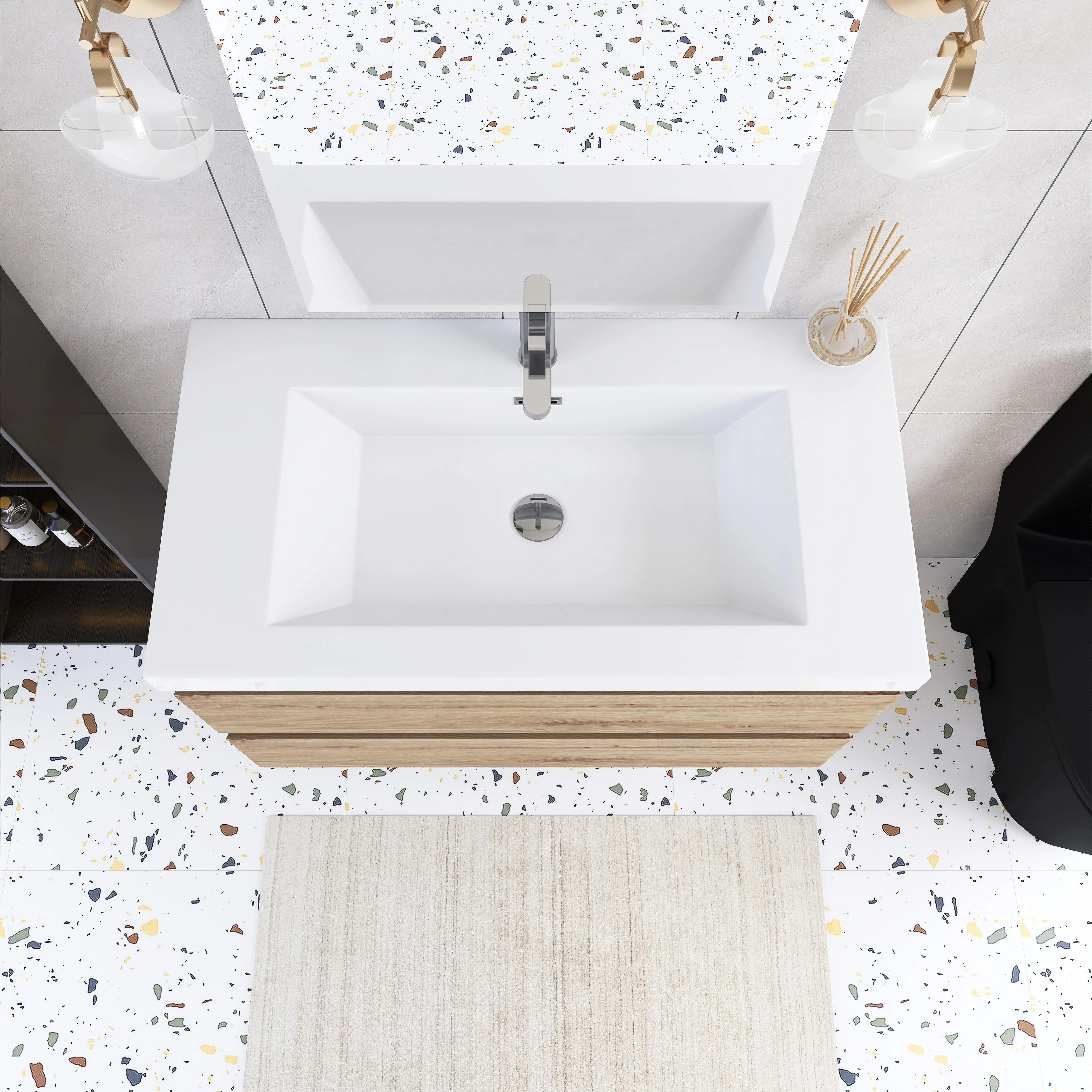 Angela Wall Mounted Bathroom Vanity in F. Oak with White Cultured Marble Top