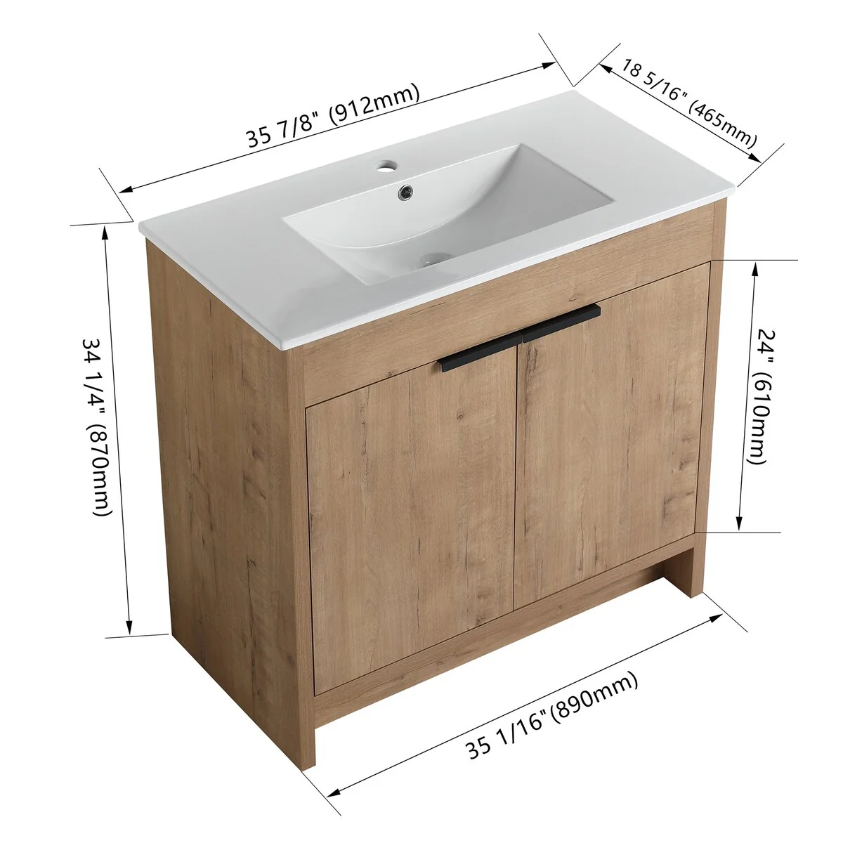 36 Inch Plywood Freestanding Bathroom Vanity Set with Integrated Ceramic Basin and Doors