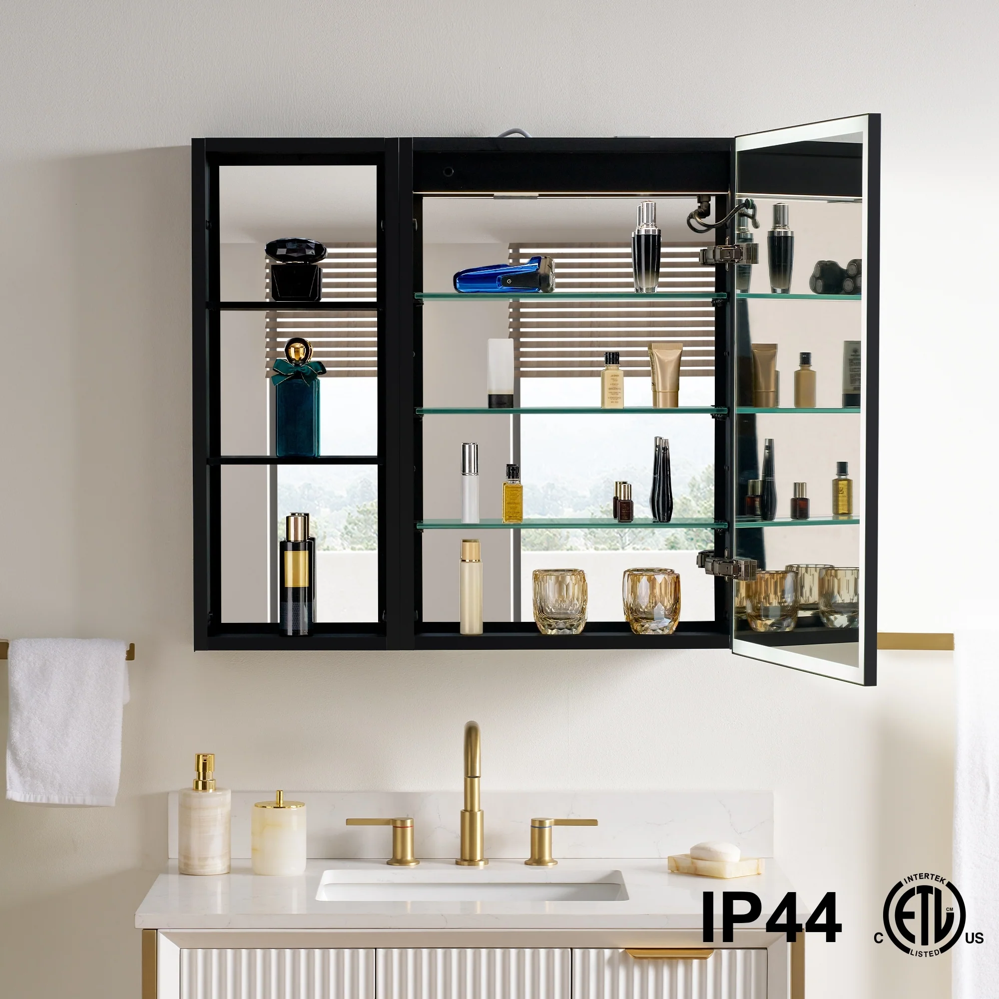 30 in. H Recessed or Surface Wall Mounted LED Mirror Cabinet With Black Side Cabinet