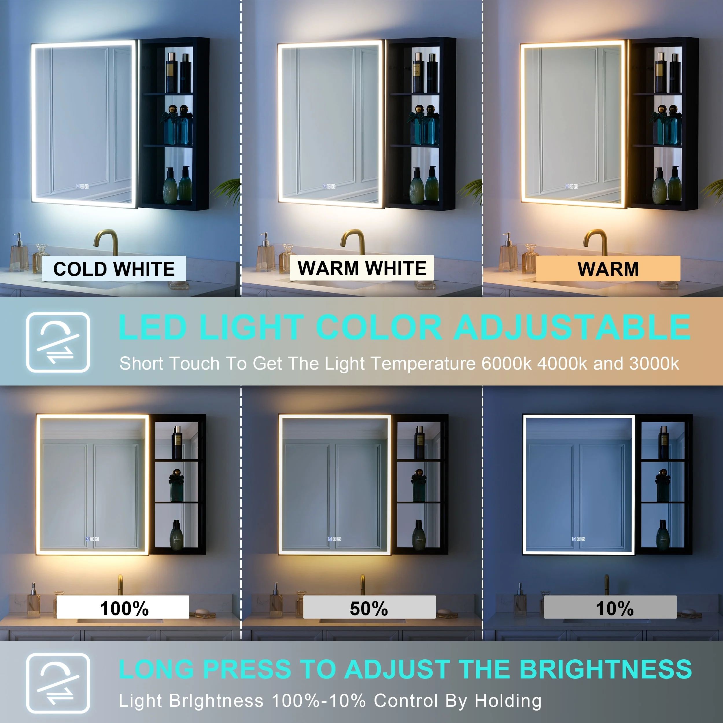 30 in. H Recessed or Surface Wall Mounted LED Mirror Cabinet With Black Side Cabinet