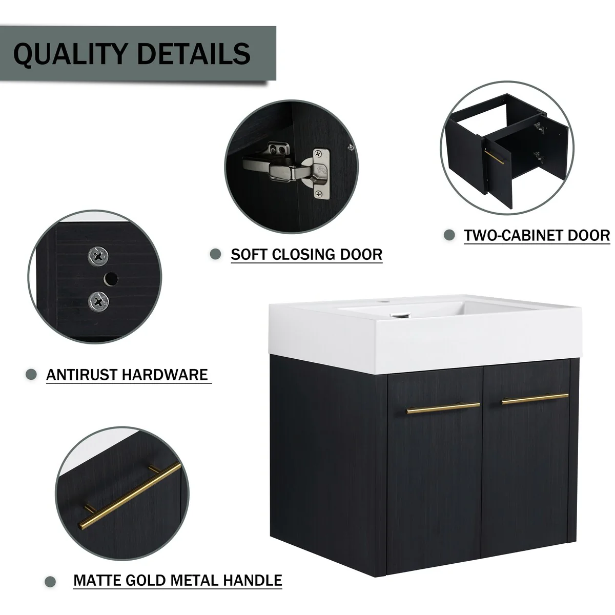 Bathroom Vanity With Sink In 24/30/36 Inch, Floating Bathroom Vanity with Soft Close Door