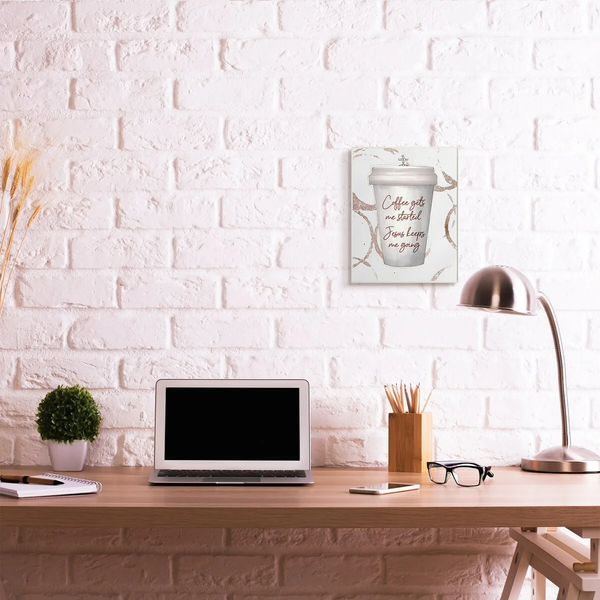 Stupell Coffee Gets Me Started Faith Based Phrase Cup Wood Wall Art - Brown