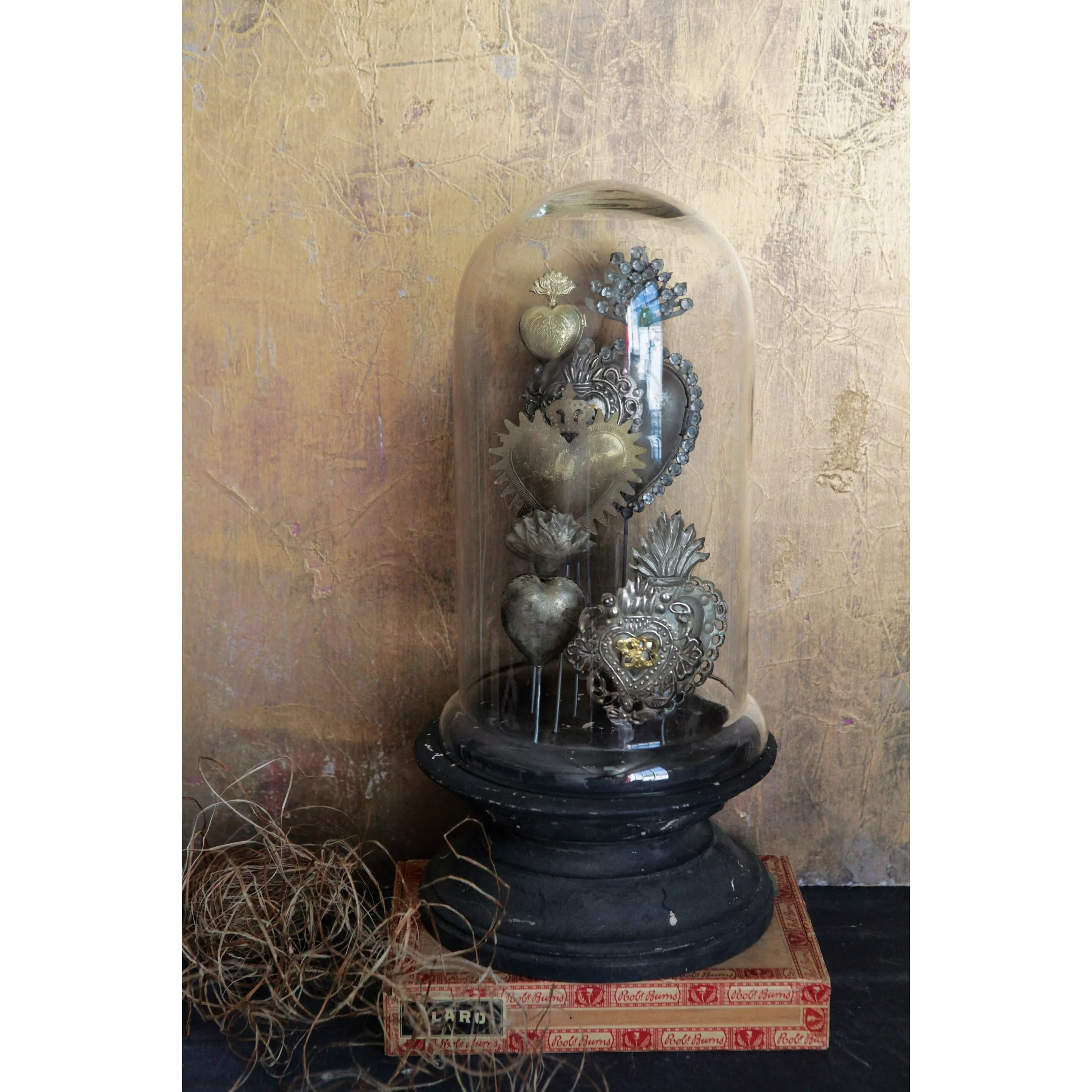 Decorative Tin Sacred Hearts on Wood Pedestal with Glass Cloche