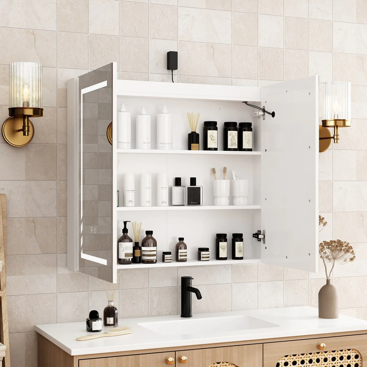 Bathroom Vanity with Ceramic Basin and Modern Medicine Cabinet Combo