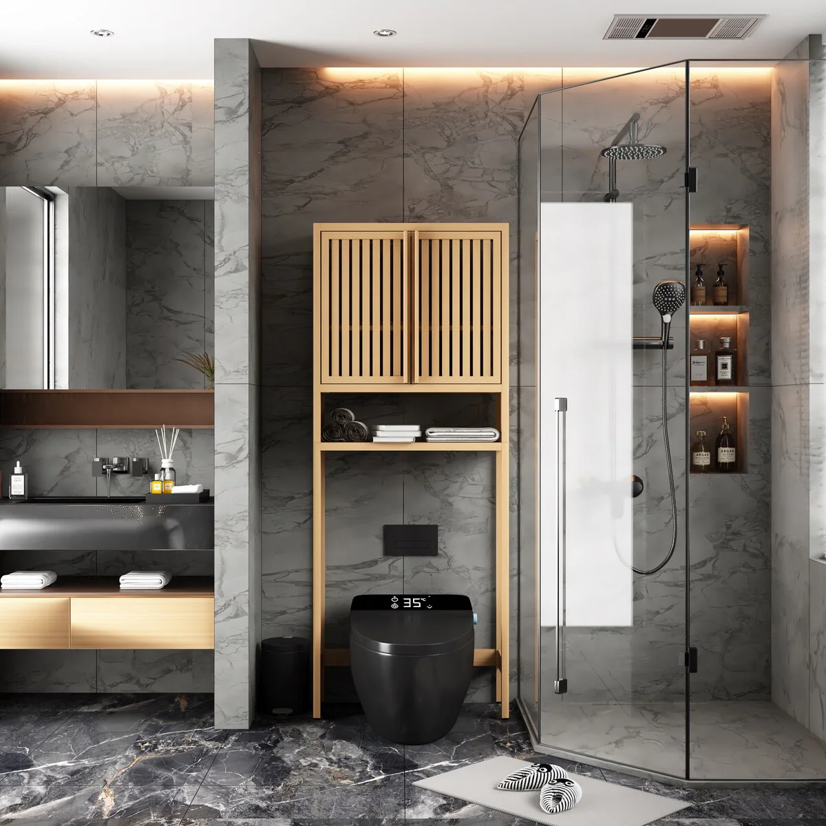 Bamboo Over The Toilet Storage Cabinet with Shelf and Double Doors