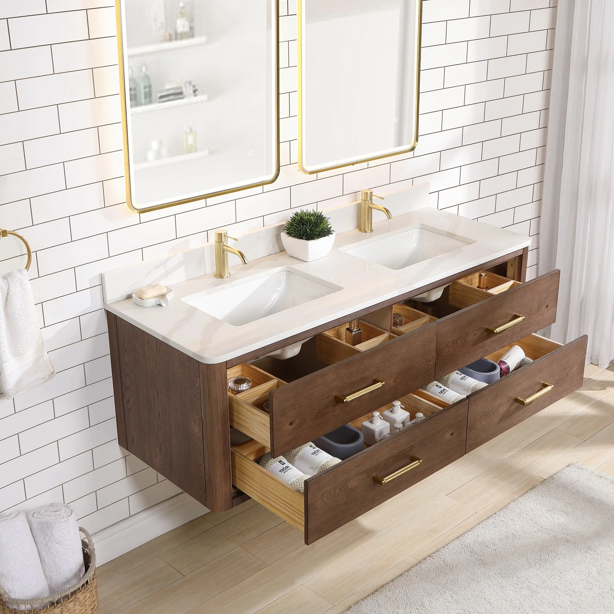 Cristo Floating Bath Vanity with White Quartz Stone Top and Mirror