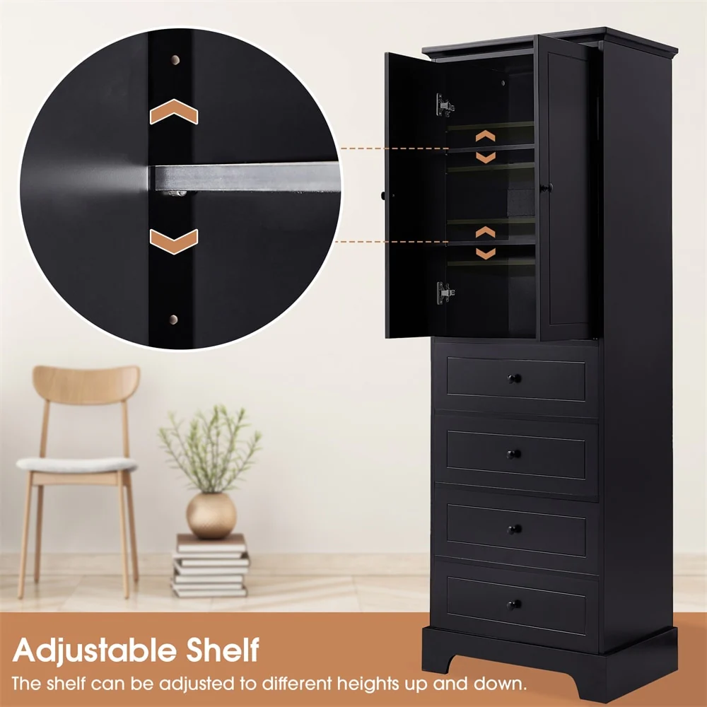 Wooden Storage Cabinet with 2 Doors and 4 Drawers, Adjustable Shelf