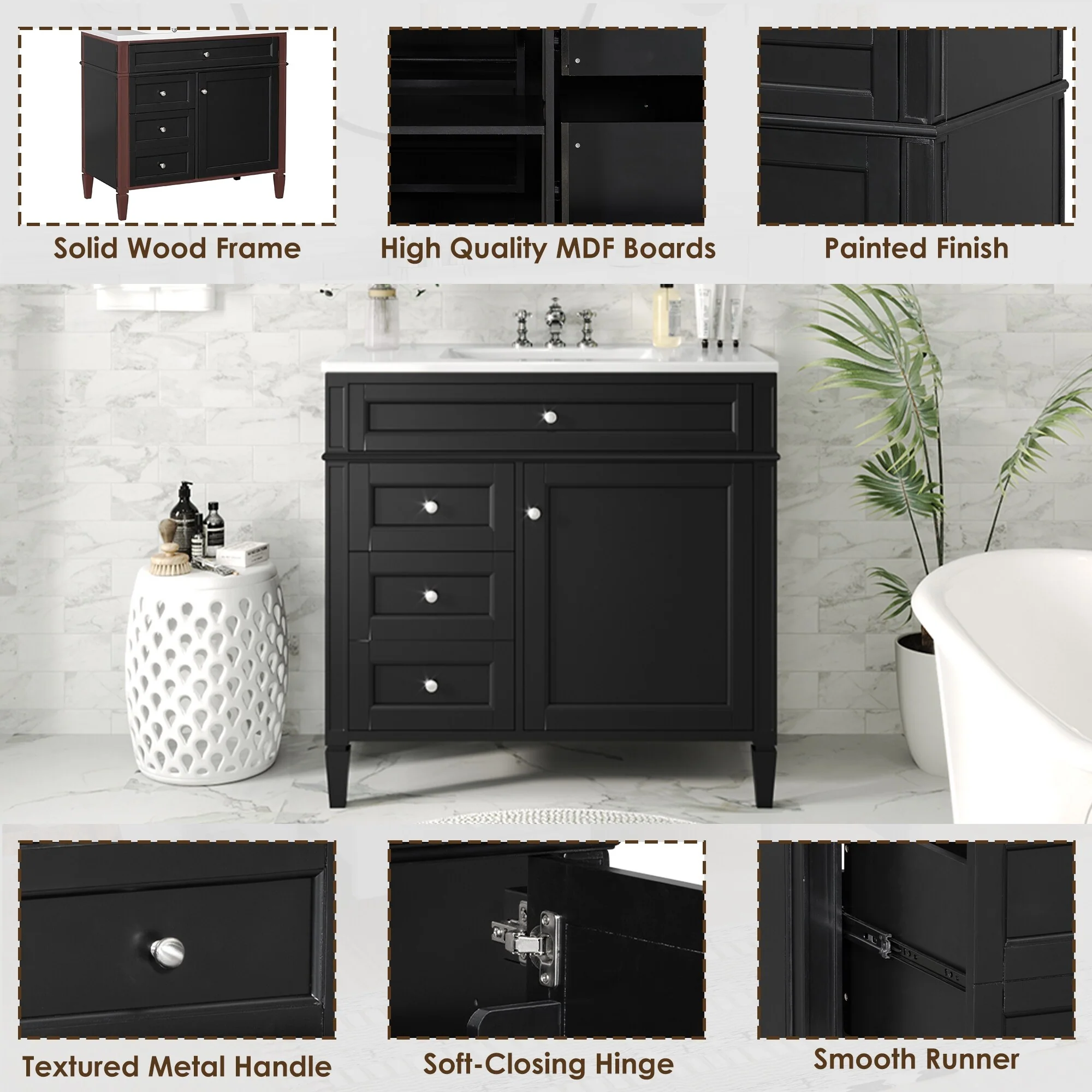 Bathroom Vanity with Single Sink, Bathroom Vanities with 2 Drawers, Bathroom Storage Cabinet with 1 Tip-Out Drawer and 1 Door