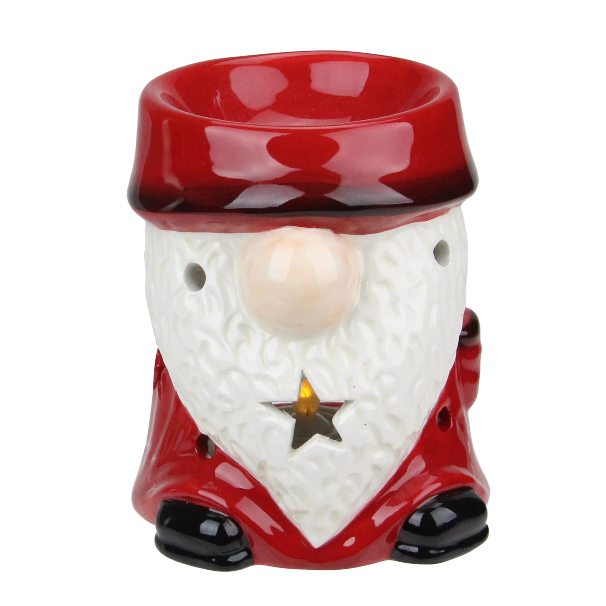 4.75 Red Ceramic Christmas Star Gnome Tealight Candle Holder - 4.75