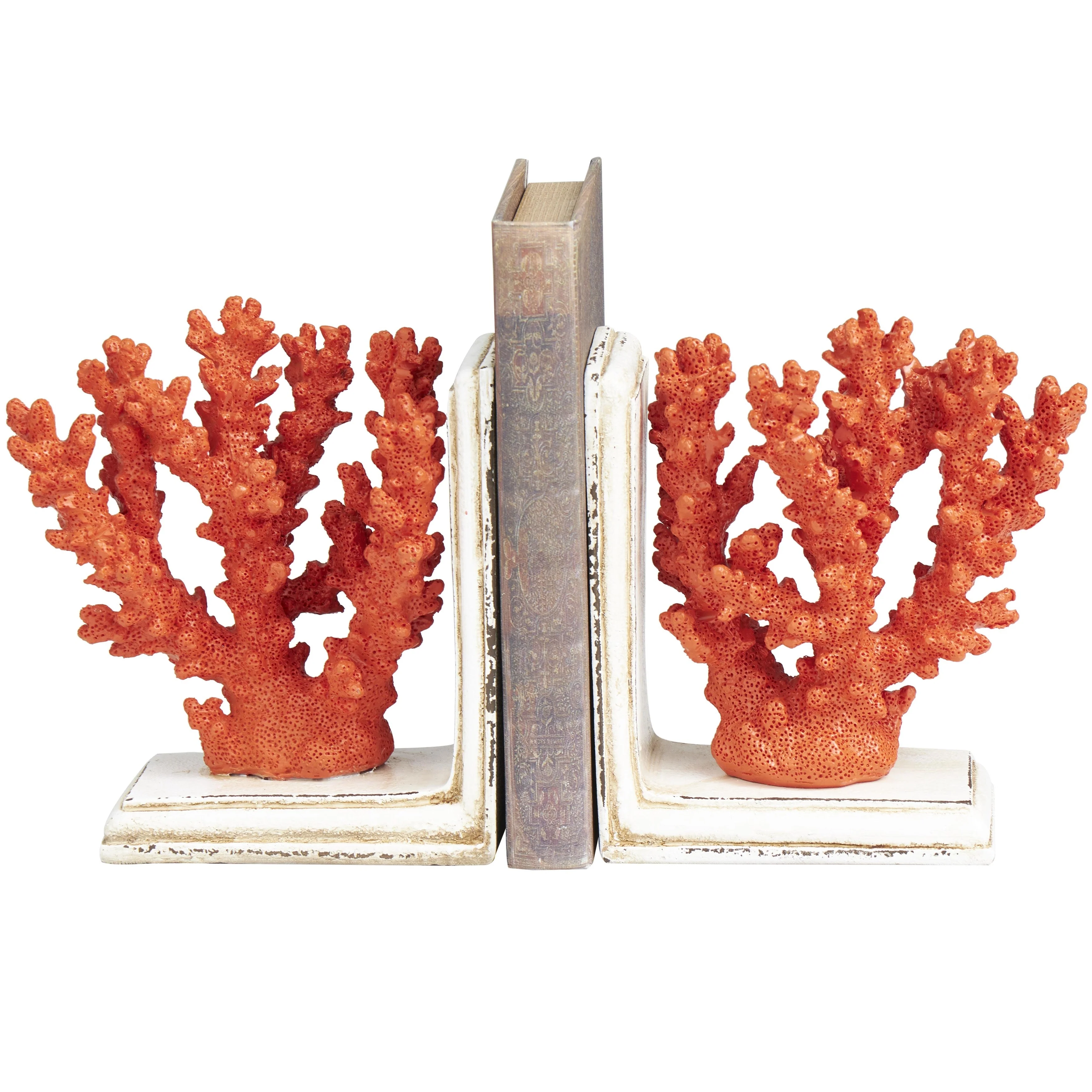 Polystone Coral Textured Decorative Bookends with Cream Base - Set of 2 Orange - Roche River Decor