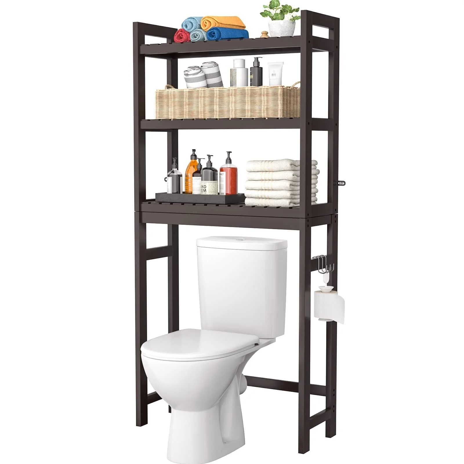Over The Toilet Storage Shelf, Bamboo 3-Tier Above Toilet Storage Rack with 3 Hooks
