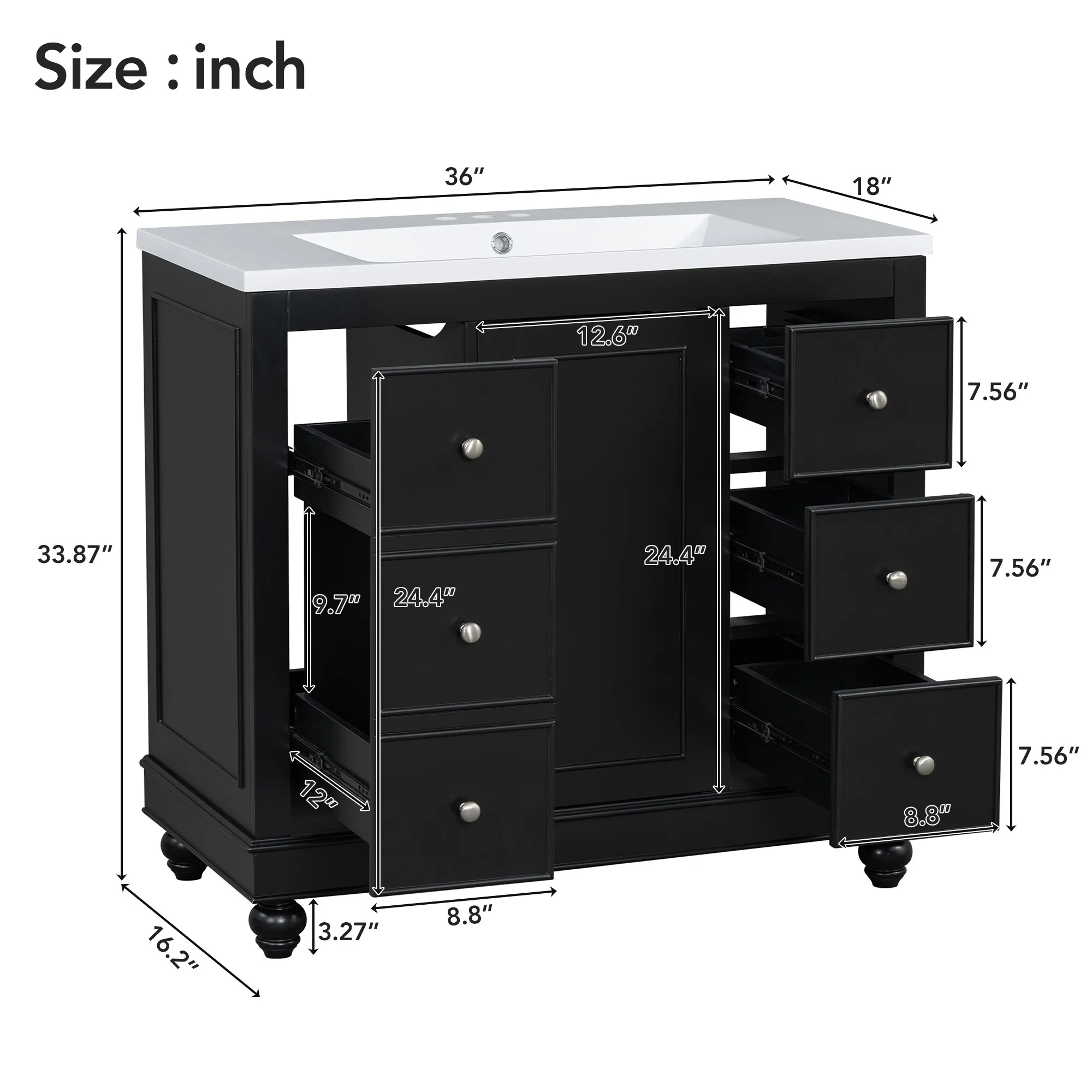 Bathroom Vanity with Sink, Bathroom Vanity Cabinet with 4 Drawers and 1 Door, Storage Cabinet with Adjustable Shelves