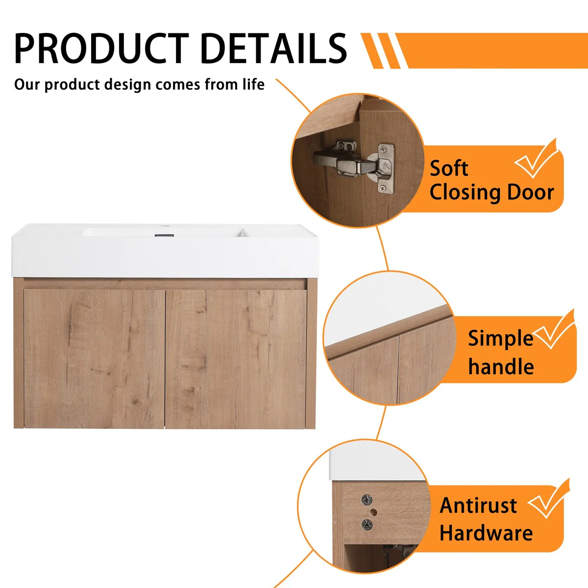 Bathroom Vanity With Sink In 24/30/36 Inch, Floating Bathroom Vanity with Soft Close Door