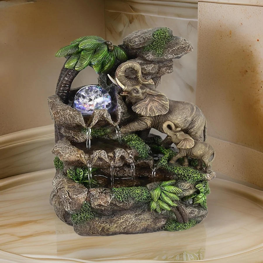 Eci 11 Inch Elephant Tabletop Water Fountain, Crystal LED Light, Multicolor