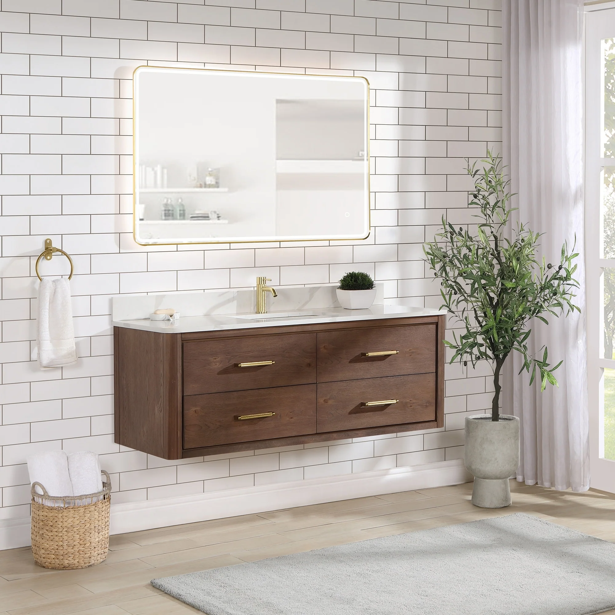 Cristo Floating Bath Vanity with White Quartz Stone Top and Mirror