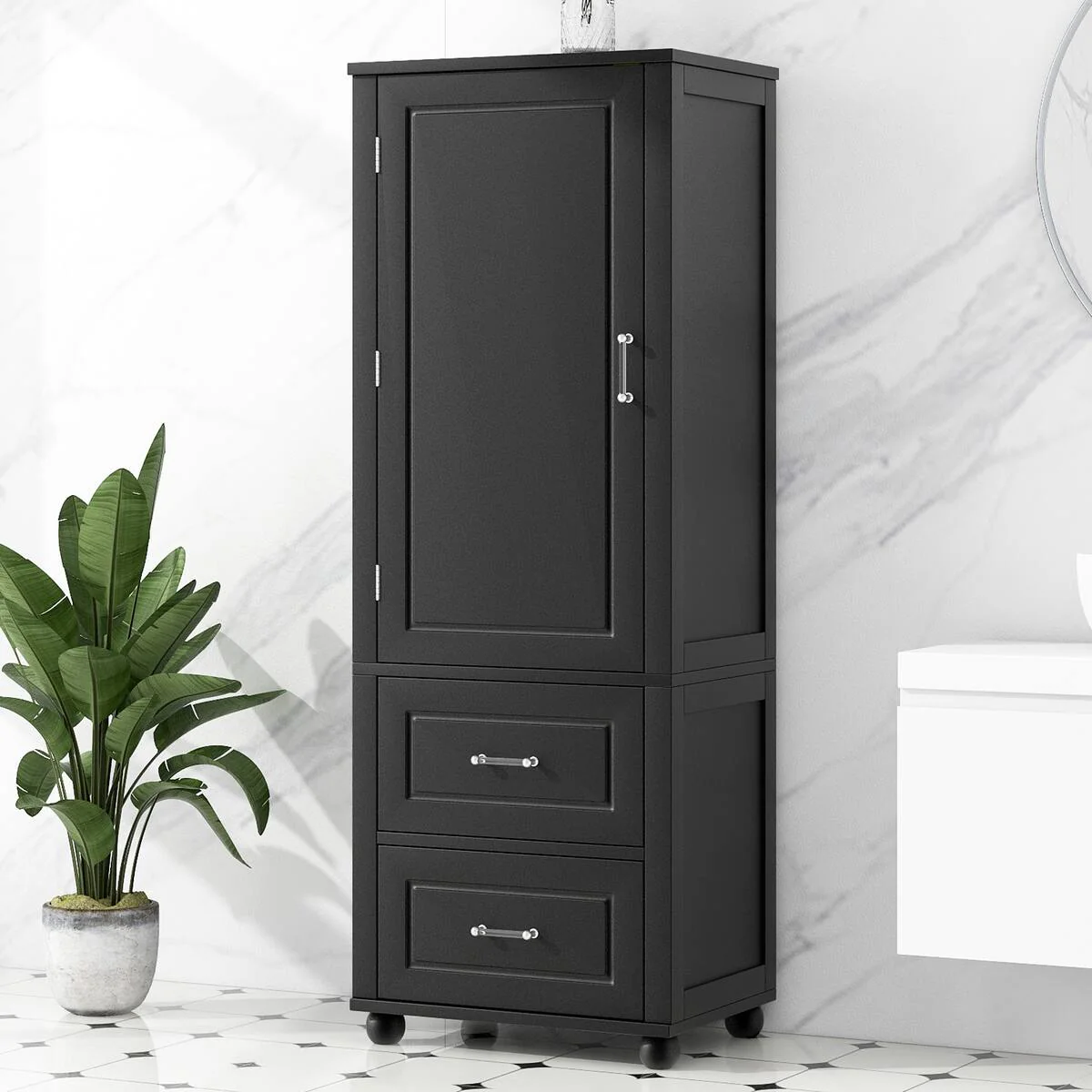 Freestanding Tall Bathroom Storage Cabinet with Door, 2 Drawers and Adjustable Shelf