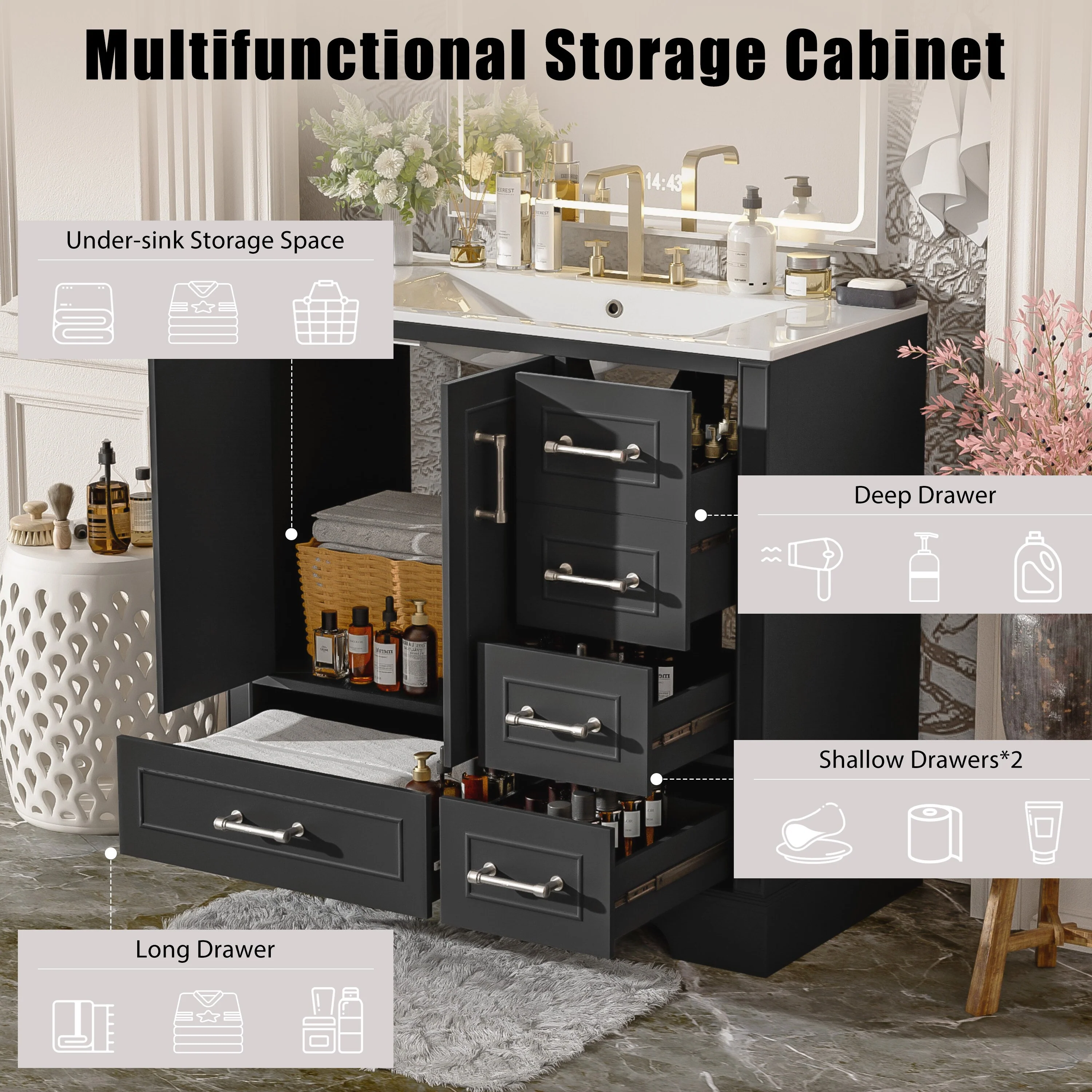 Bathroom Vanity with Resin Sink, Bathroom Vanity Set with 4 Drawers, Bathroom Storage Cabinet with 2 Soft Close Doors