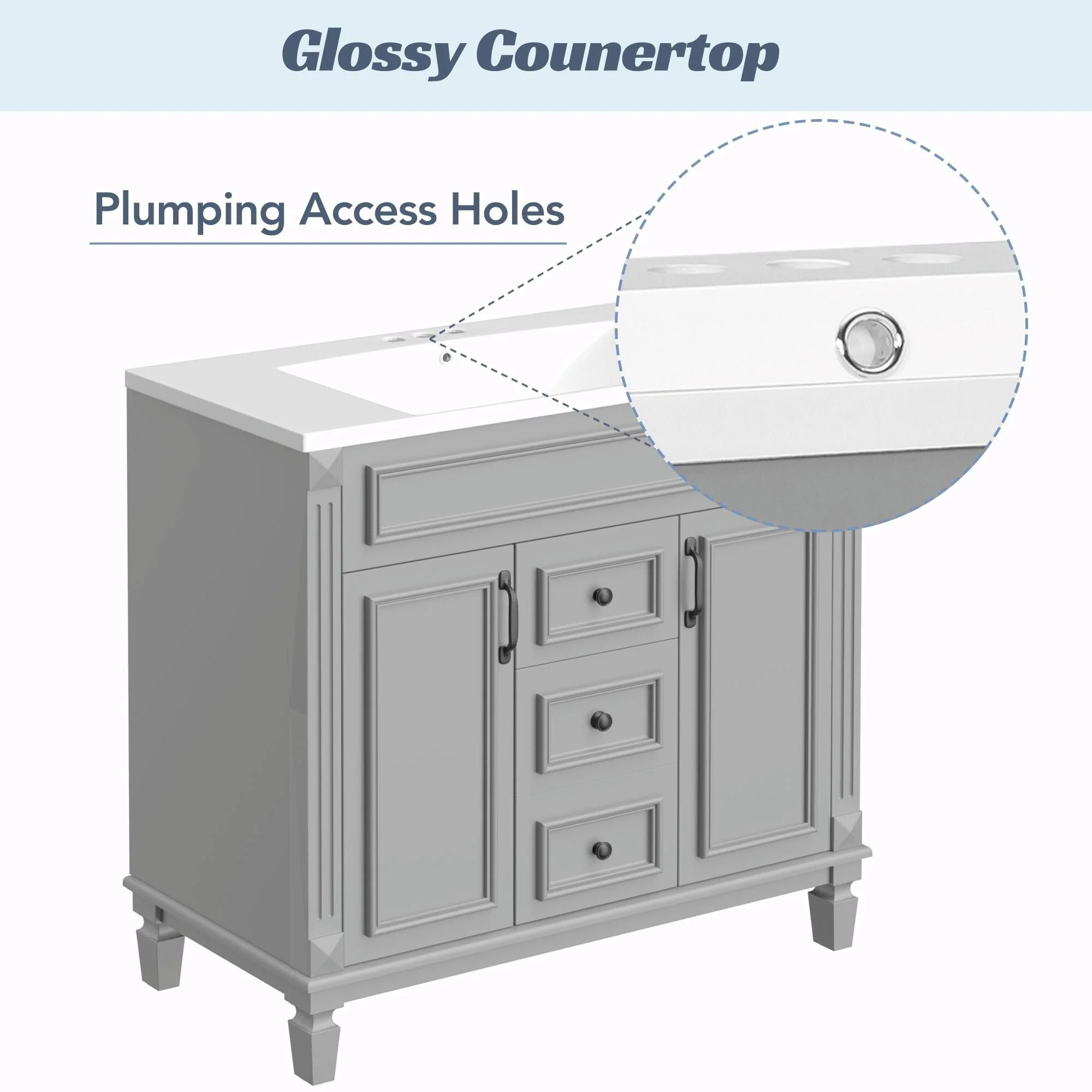 36'' Modern Bathroom Vanity with Top Sink, Soft-Closing Doors, and Drawers