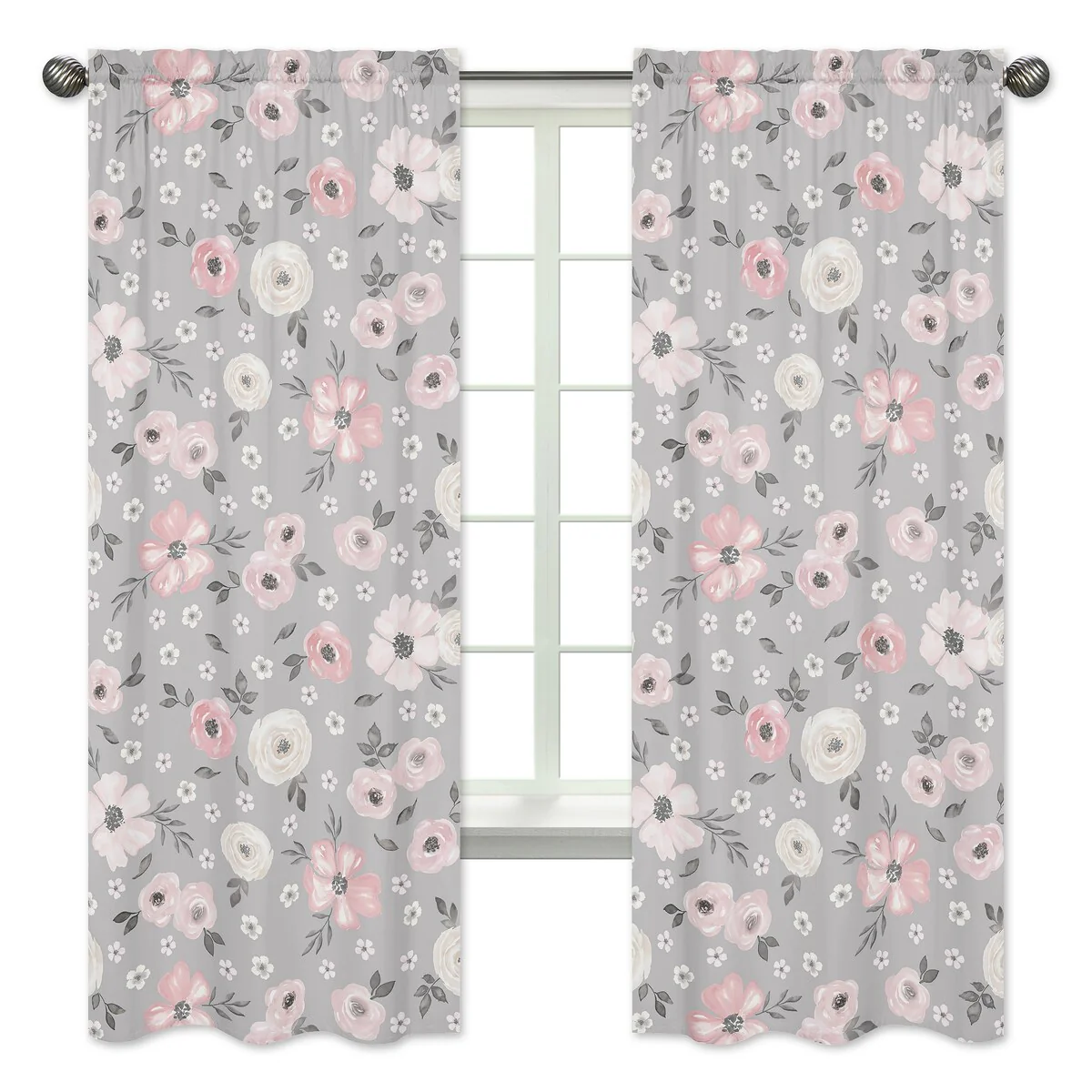 Grey Watercolor Floral 84-inch Window Treatment Curtain Panel Pair - Blush Pink Gray White Shabby Chic Rose Flower Farmhouse