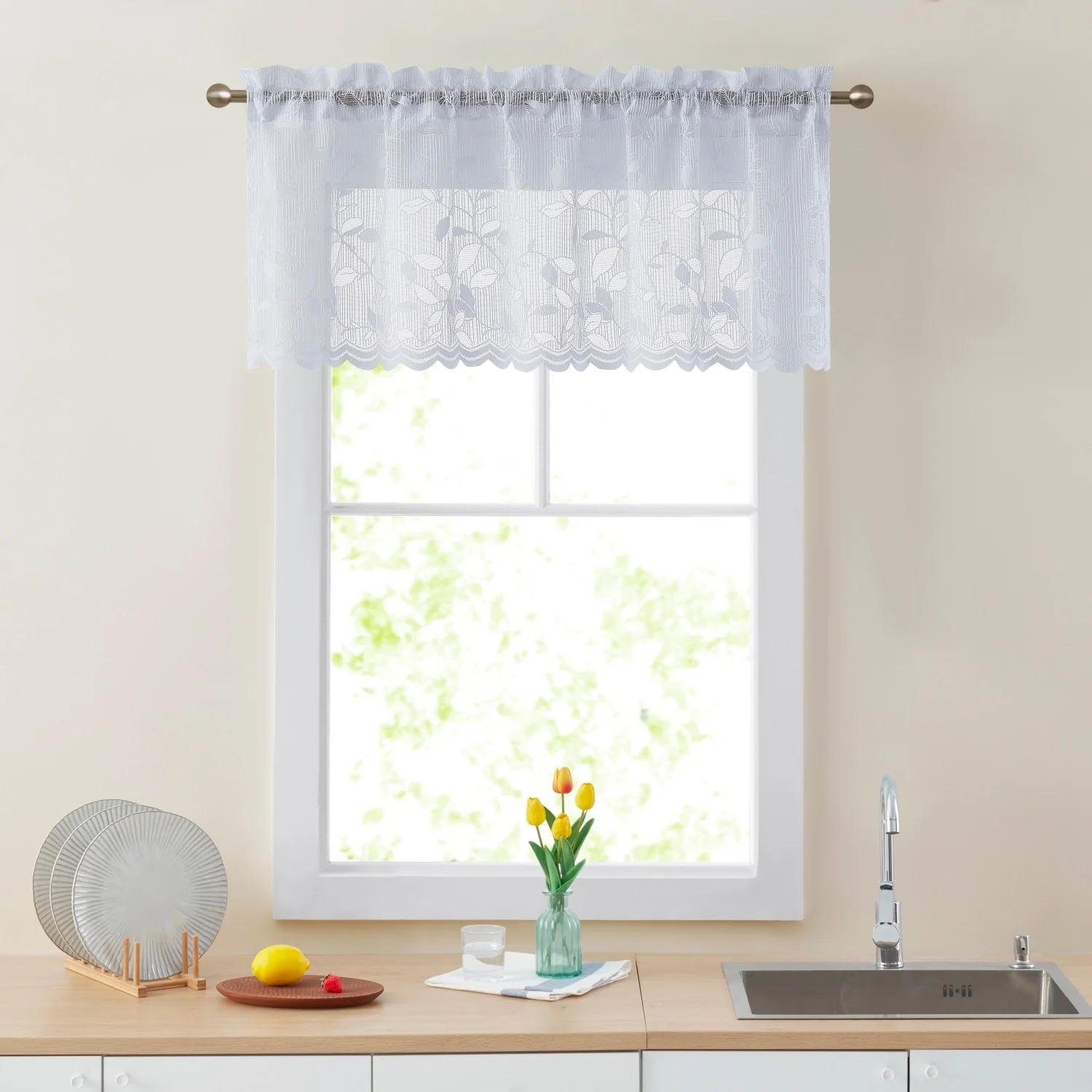 HLC.me Joyce Lace Sheer Kitchen Cafe Curtain Valance for Small Windows, Kitchen & Bathroom - 54 W x 18 L - Single Valance