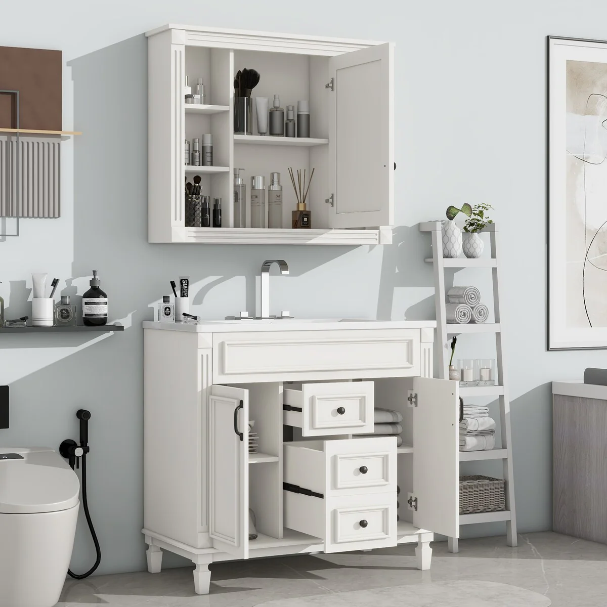 36 in. W x 18 in. D x 34 in. H Freestanding Bath Vanity with White Resin Top and Mirror Cabinet