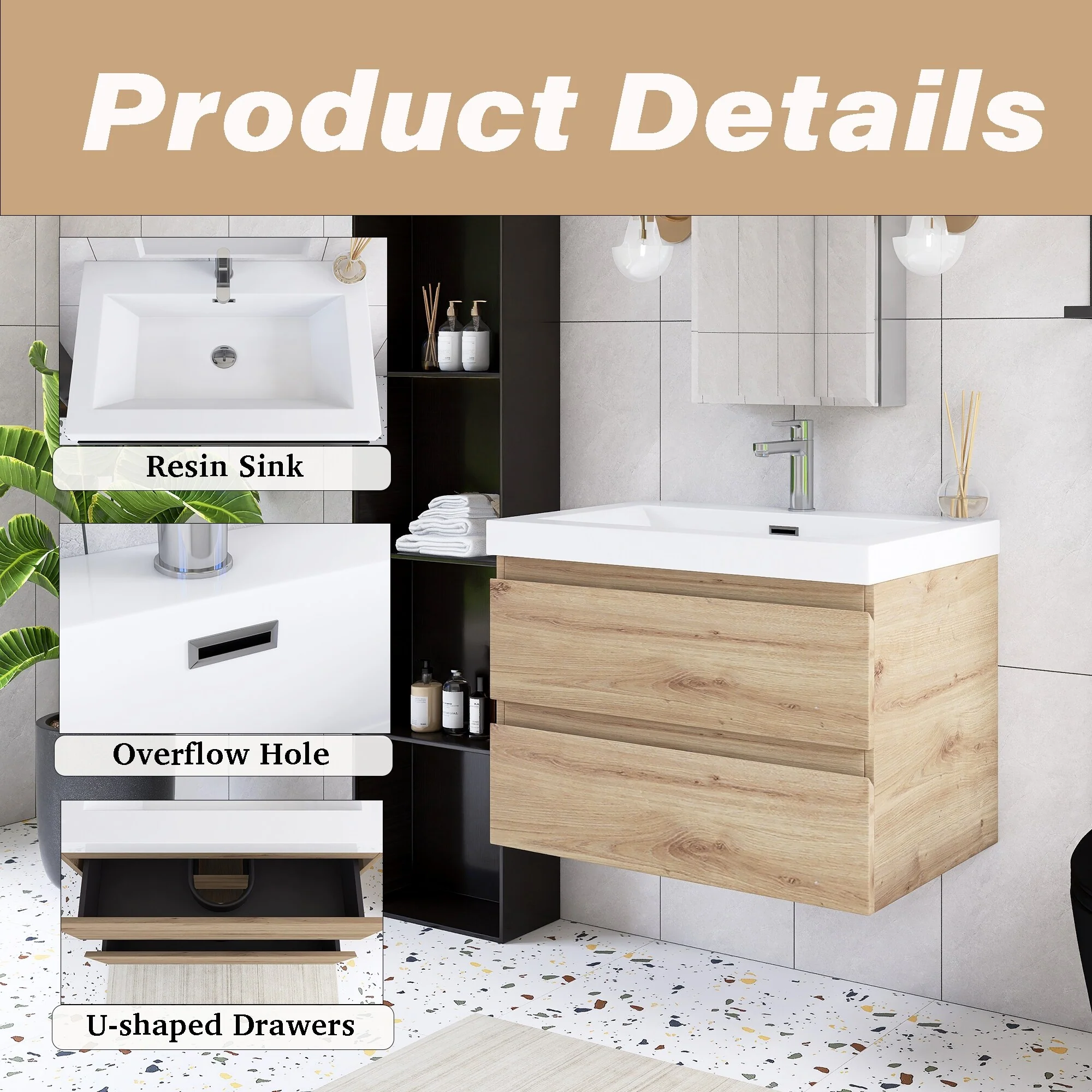 Angela Wall Mounted Bathroom Vanity in F. Oak with White Cultured Marble Top