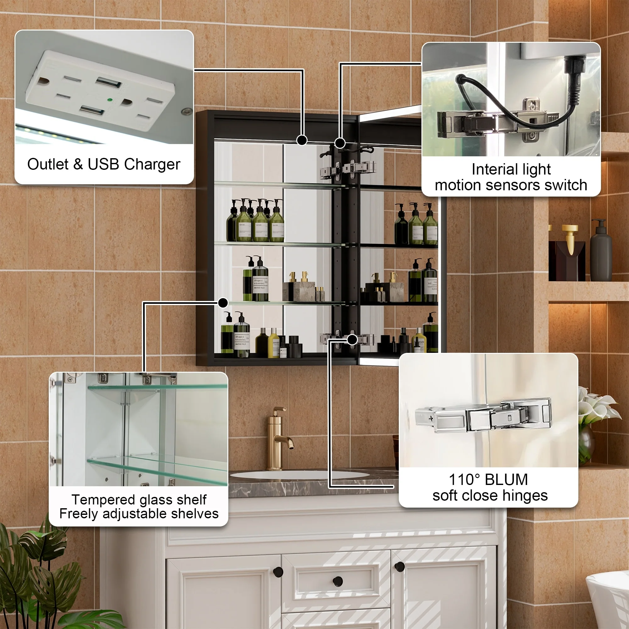 30'' H Recessed Or Surface Wall Mounted LED Mirror Cabinet With Mirror And Adjustable Shelves,Black Frame