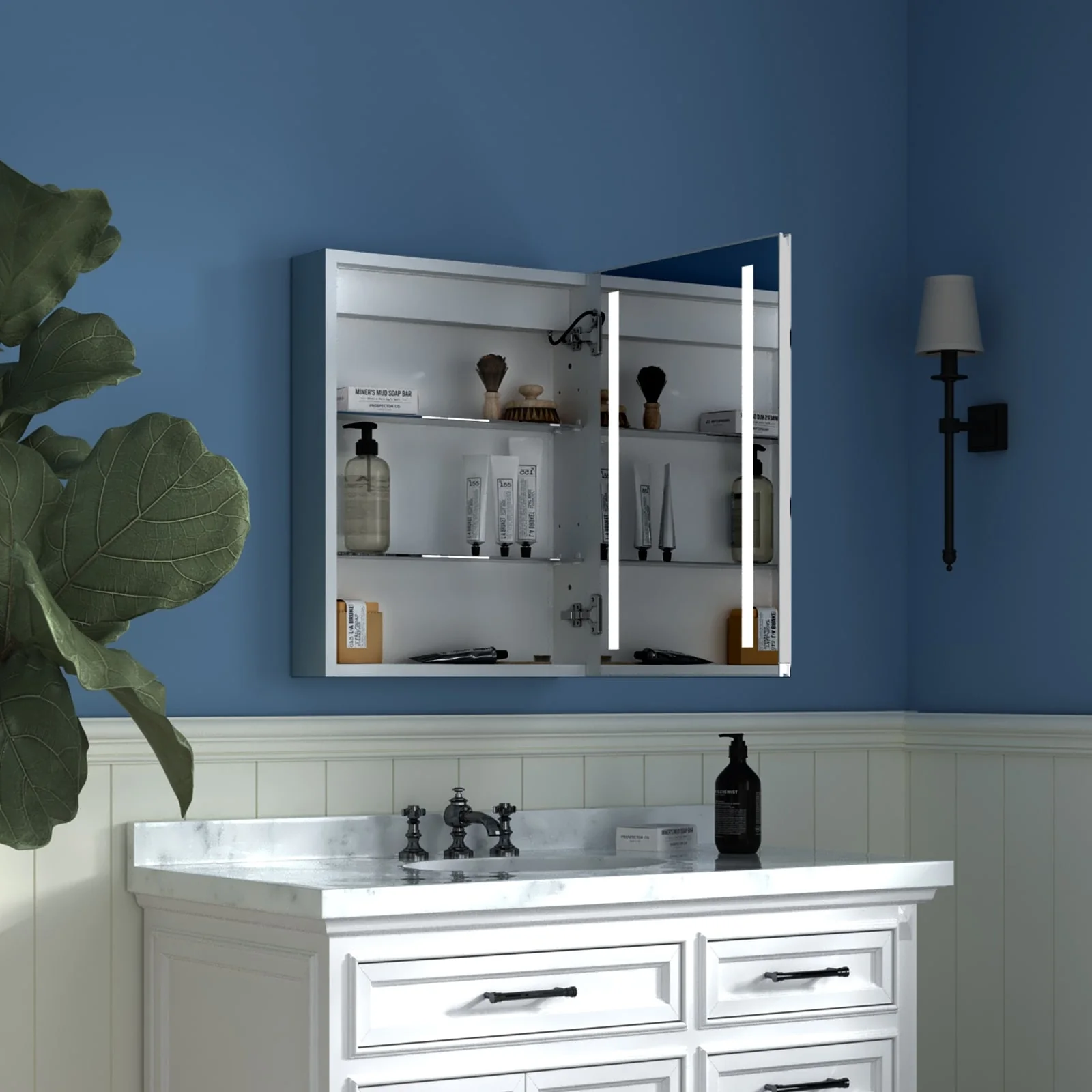 ExBrite 3 Touch Switch LED Lighted Bathroom Medicine Cabinet with Mirror, Recessed or Surface Mount, Defog, Stepless Dimming