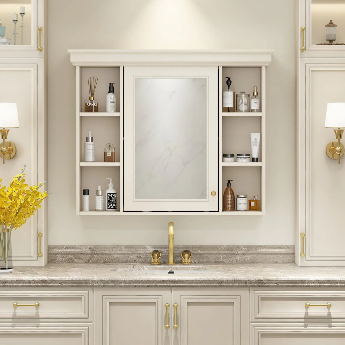 Modern Wall Mounted Bathroom Medicine Cabinet with Mirror Door & 6 Open Shelves