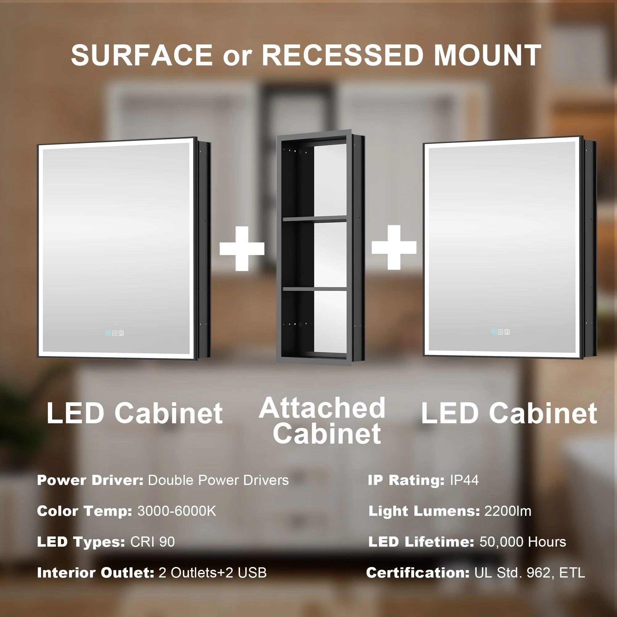 30 in. H Recessed or Surface Wall Mounted LED Mirror Cabinet With Black Side Cabinet