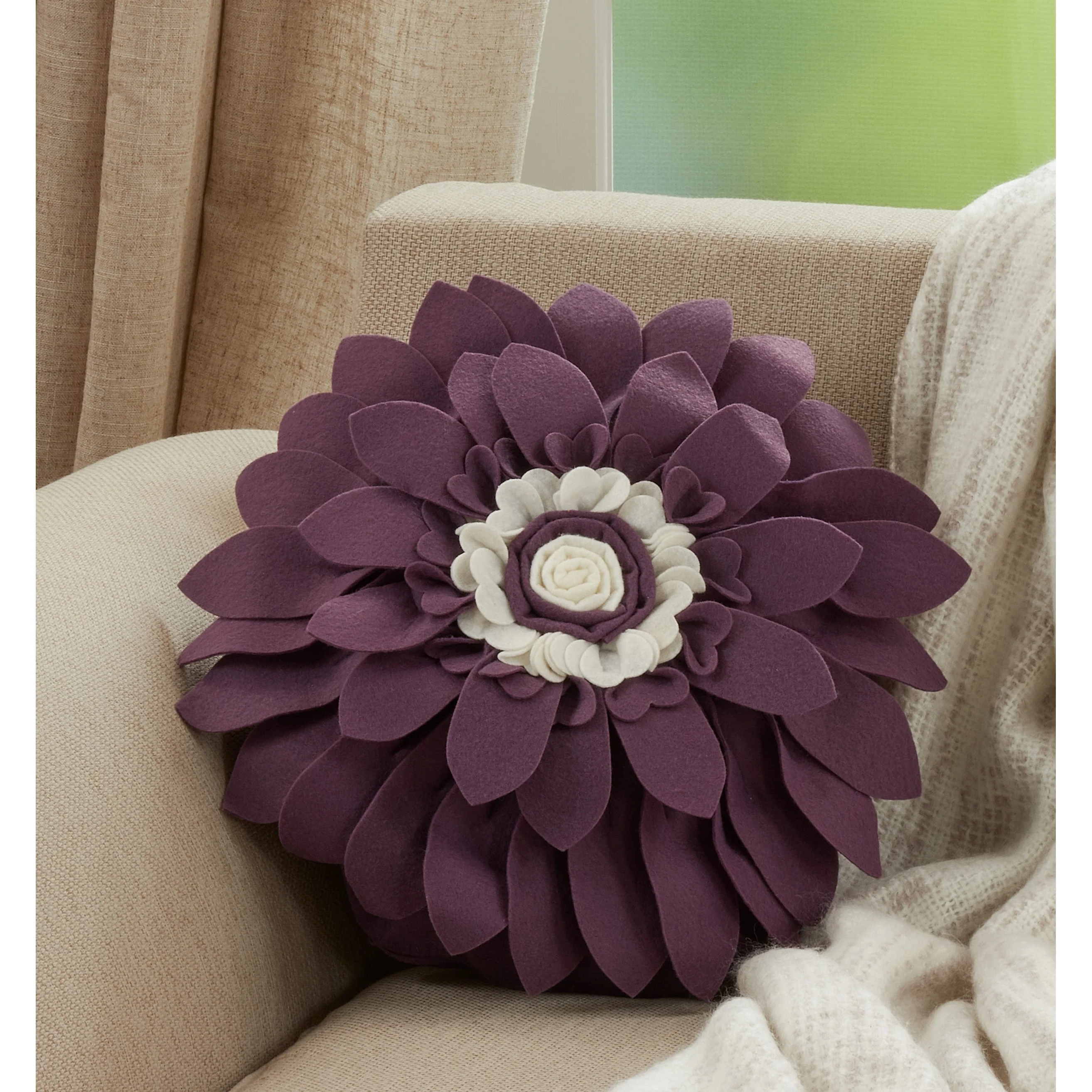 Felt Flower Design Poly-Filled Throw Pillow