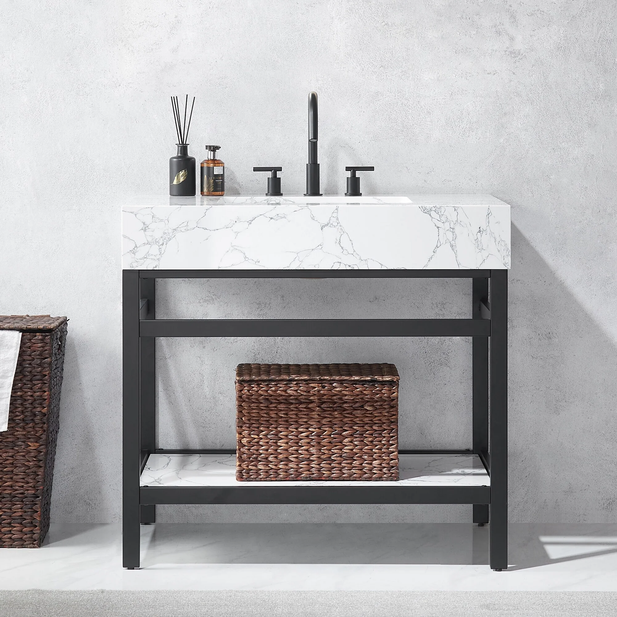 Ecija Bath Vanity, Metal Support with Composite Stone Top, no Mirror