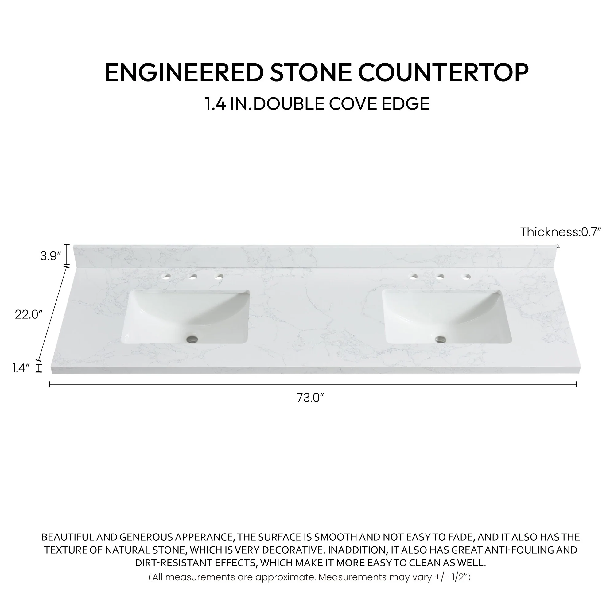 Jaen Composite Stone Vanity Top with White Rectangular Sink