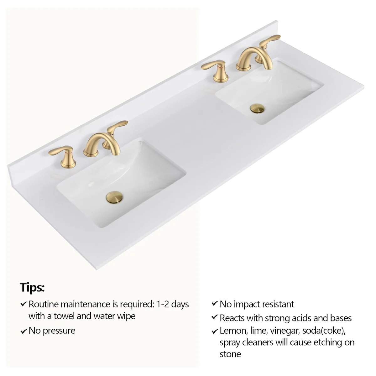 PROOX 60 inch Culture Marble Bath Solid White Vanity top with Double Rectangular Sink