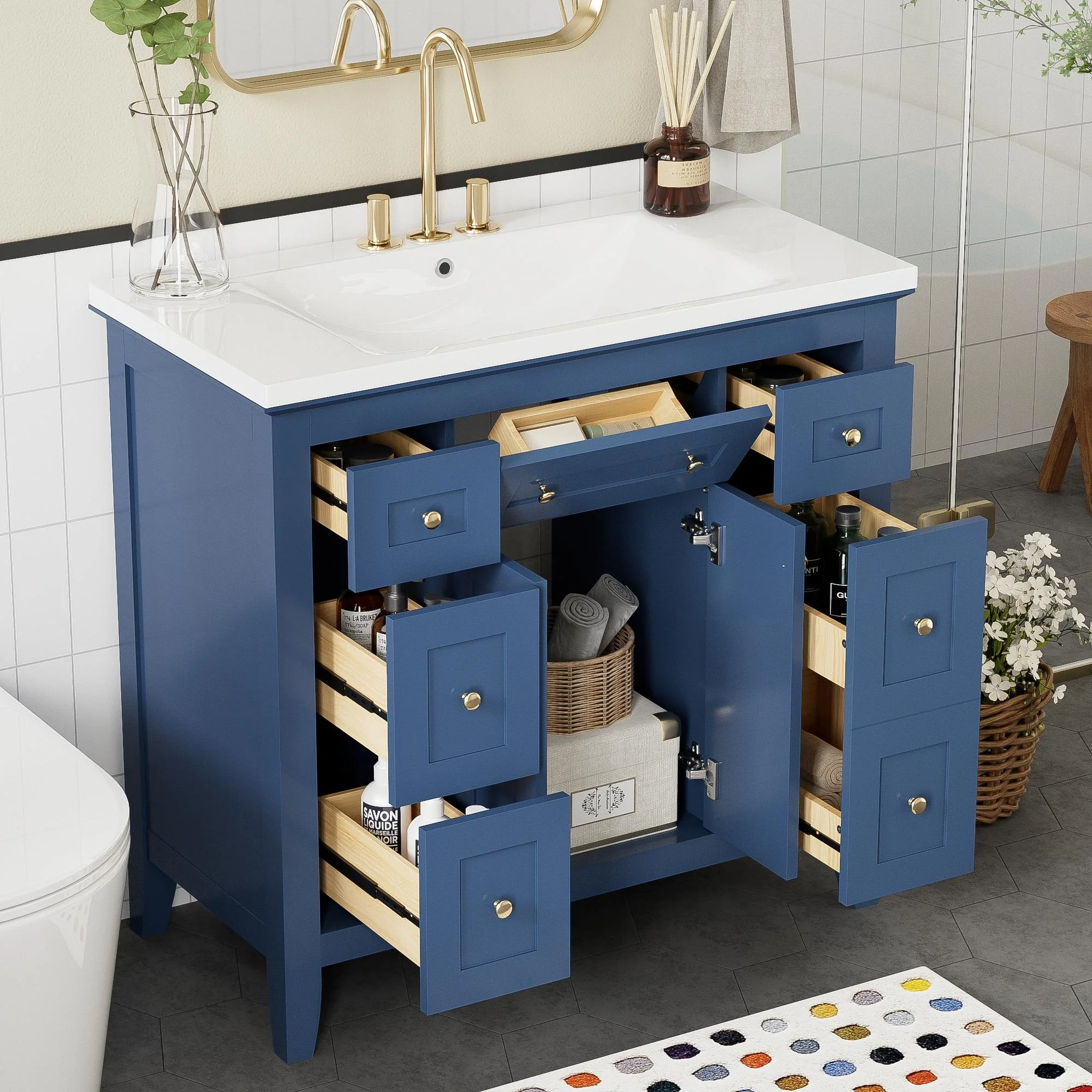 Modern Freestanding Single Bathroom Cabinet with 6 Drawers 2 Cabinets