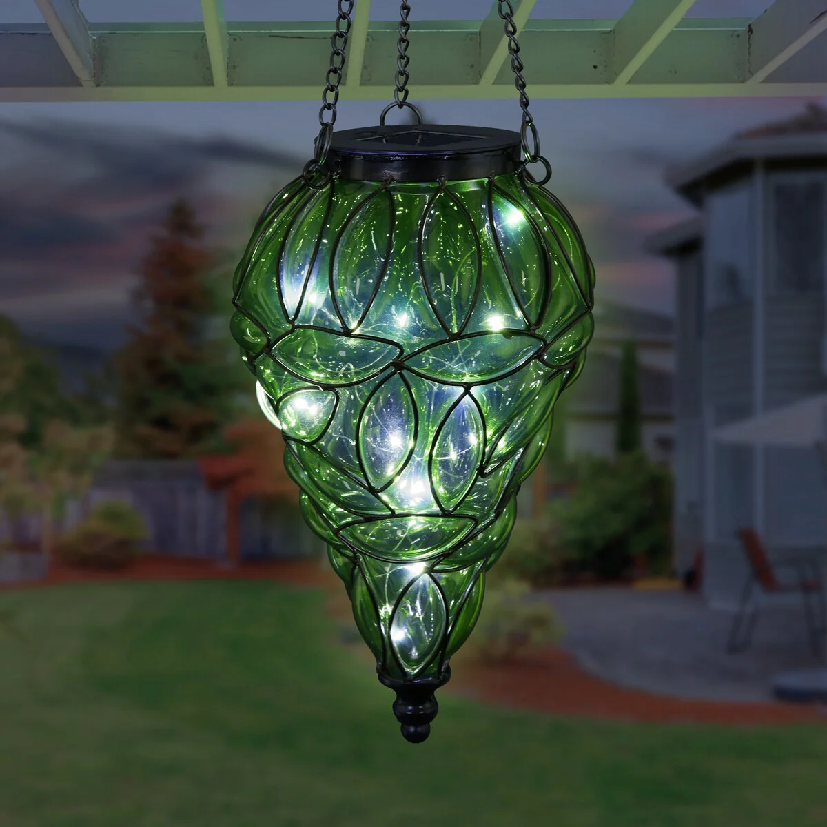 Exhart Solar Tear Shaped Hand Blown Glass Hanging Lantern with Fifteen LED lights, 7 by 24 Inches